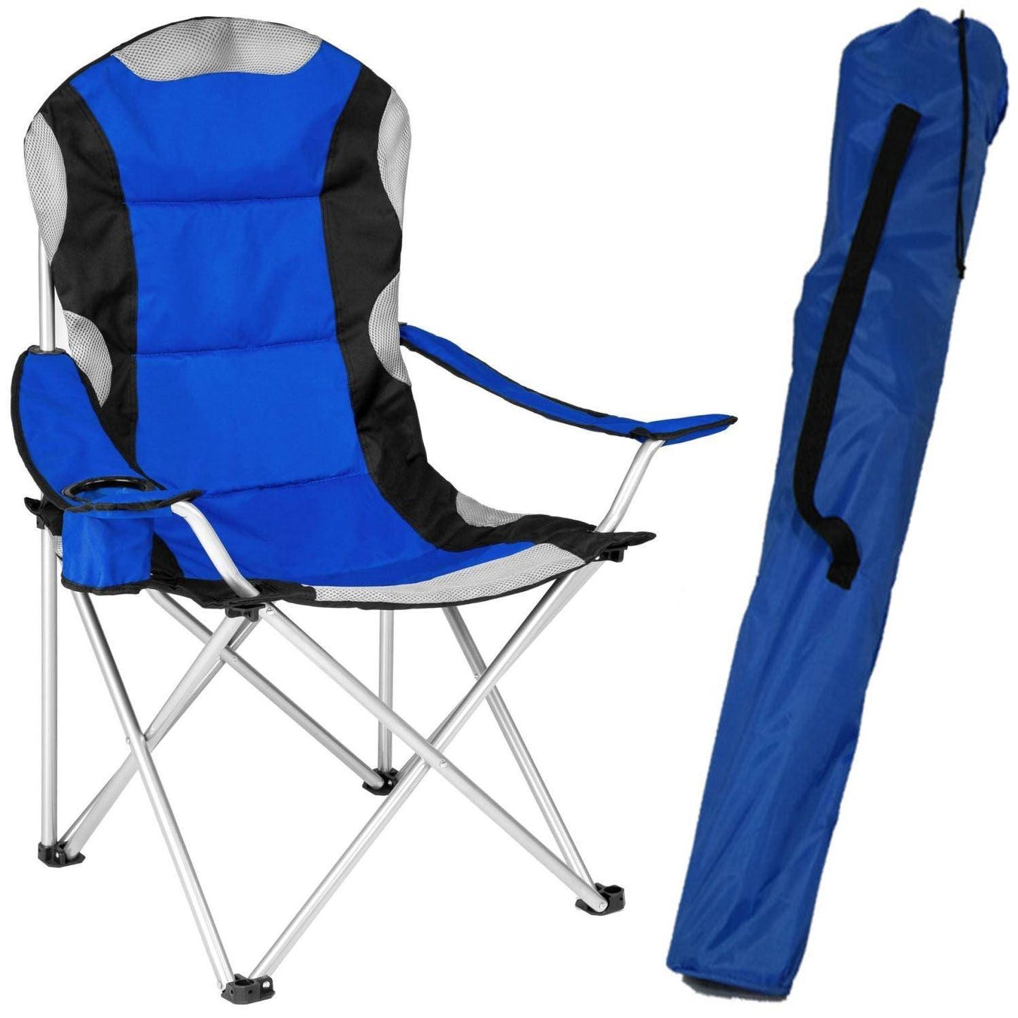 Outdoor Camping Chair - Padded Folding Camping Deluxe Fold Chairs High Back With Cup Holder & Carry Bag