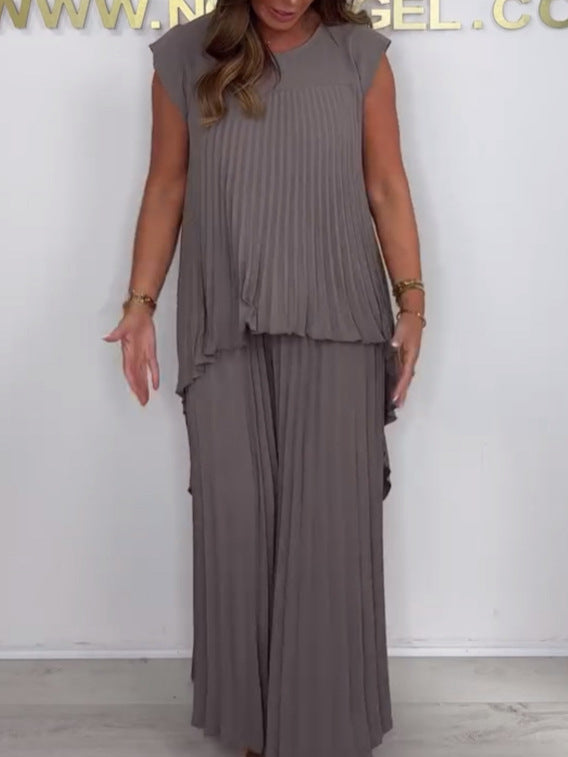 🔥Limited discount!🔥Laney Pleated Short Sleeve Irregular Midi Top and Elastic Waist Wide Leg Pants Set