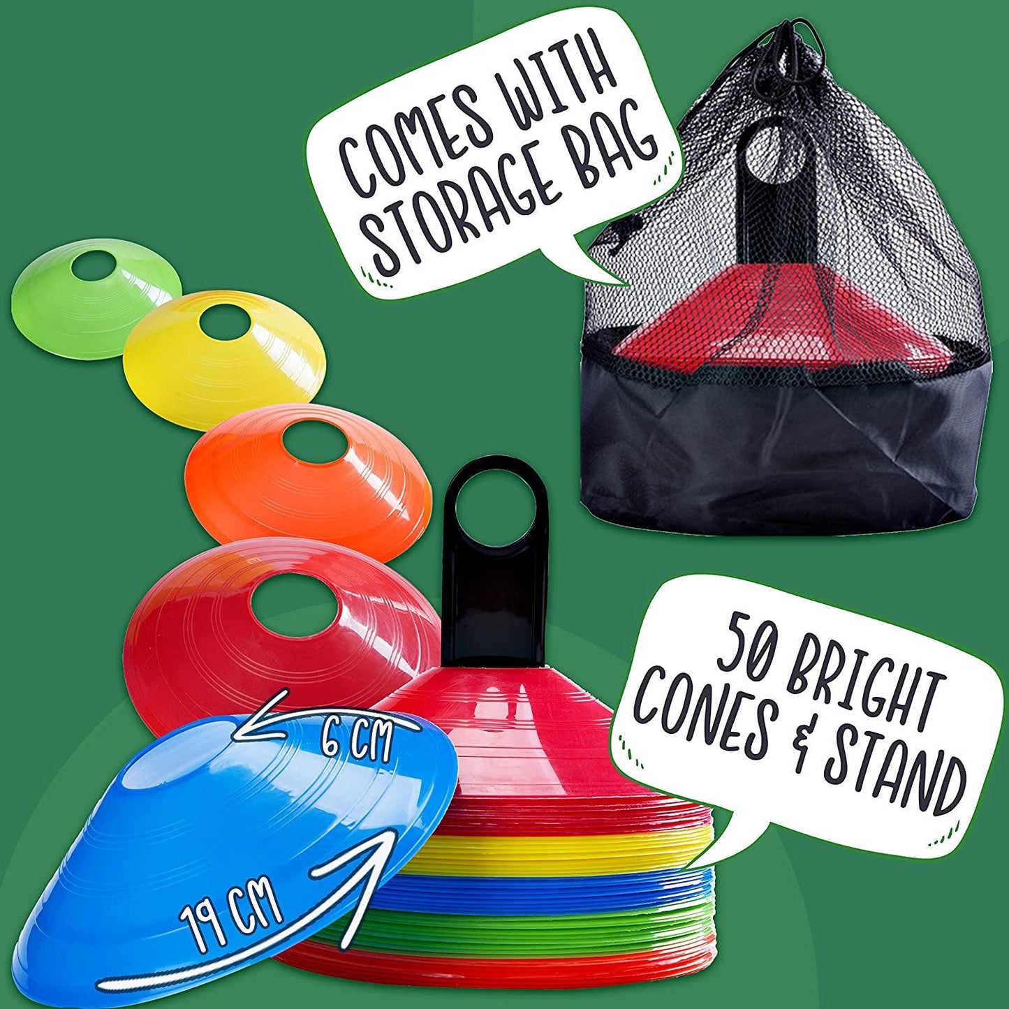 Football Training Cones – Indoor/Outdoor Use – Set of 50 Sports Safety Space Marker Cones with Stand and Bag.