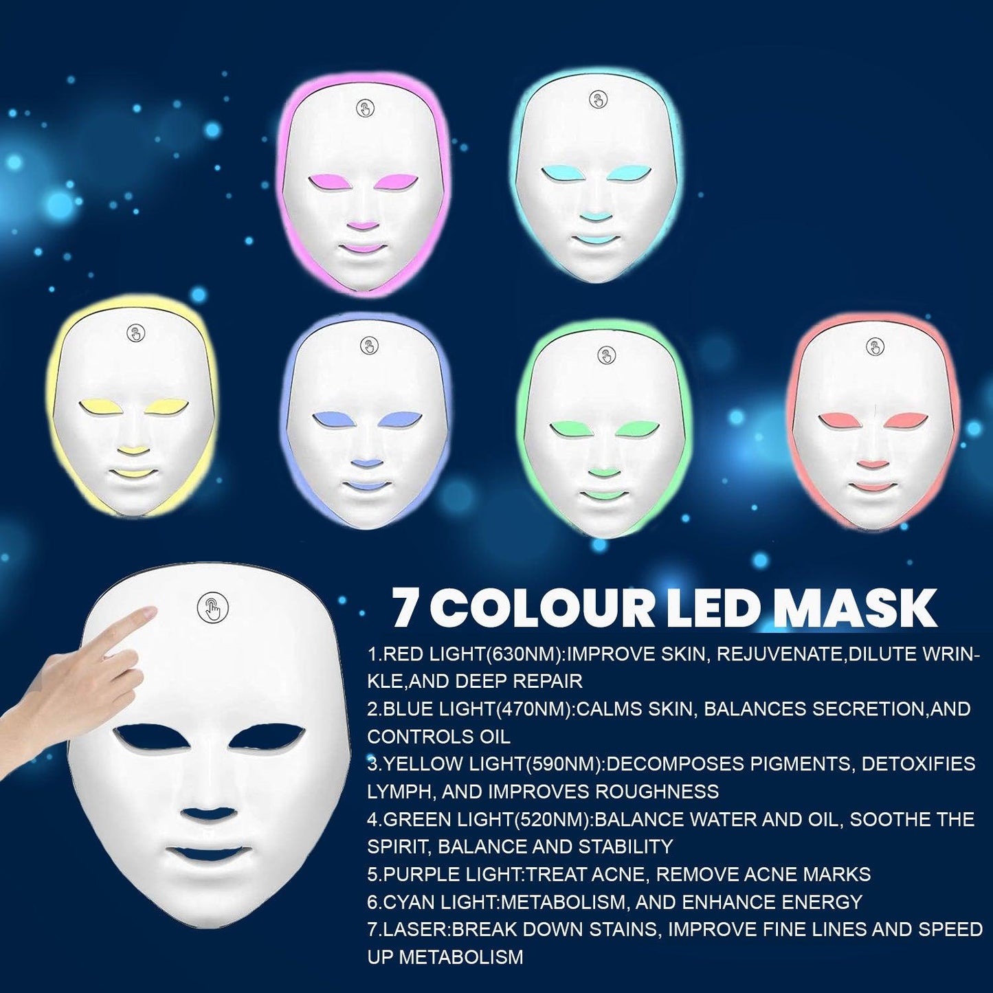 LED Face Mask - 7 Colors Facial LED Mask Photon Skin Therapy Rejuvenation Wireless Anti Aging UK