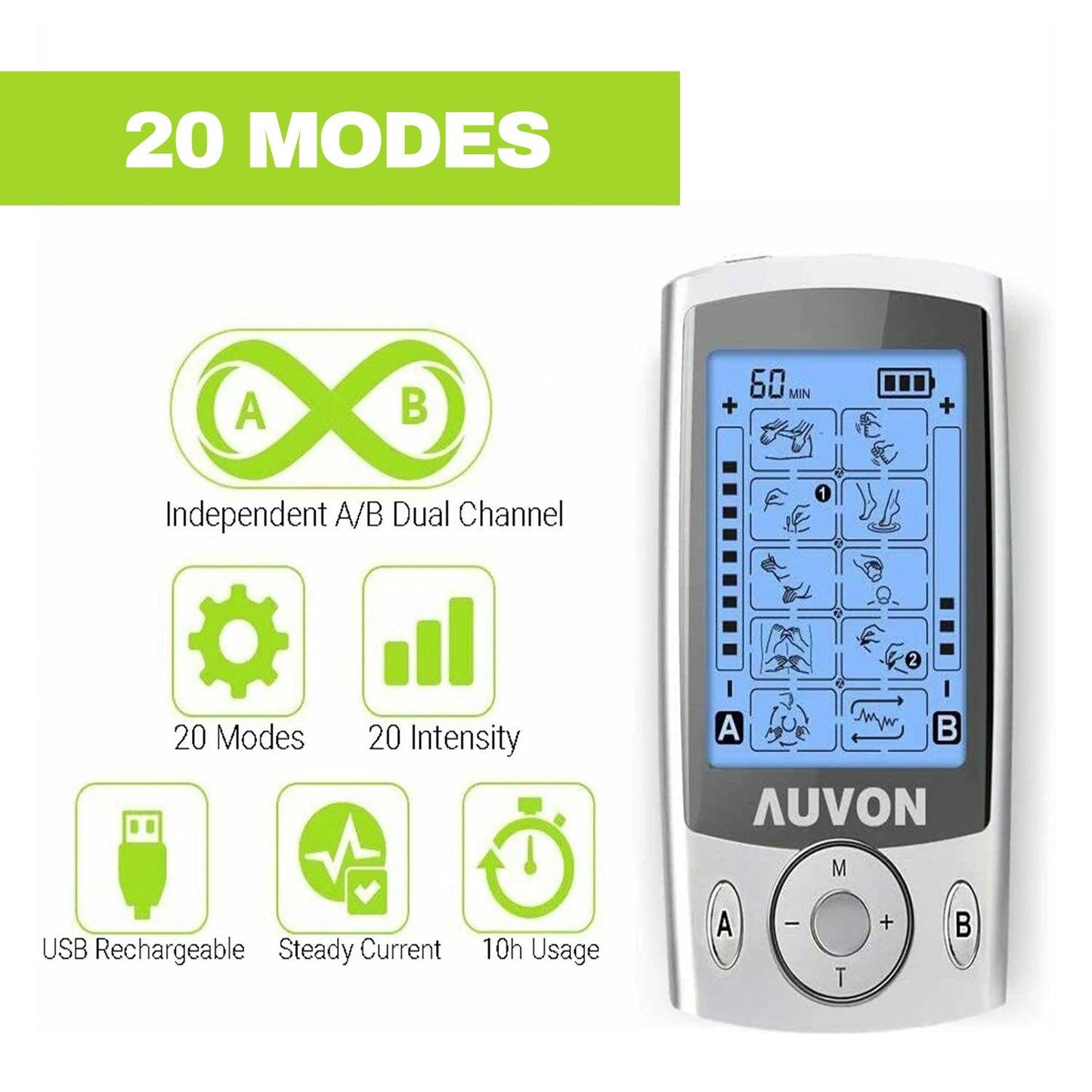 Electro Muscle Stimulation Machine - Dual Channel TENS Machine for Pain Relief | TENS Unit Muscle Stimulator with 20 Modes | 2″ and 2″x4″ TENS Pads