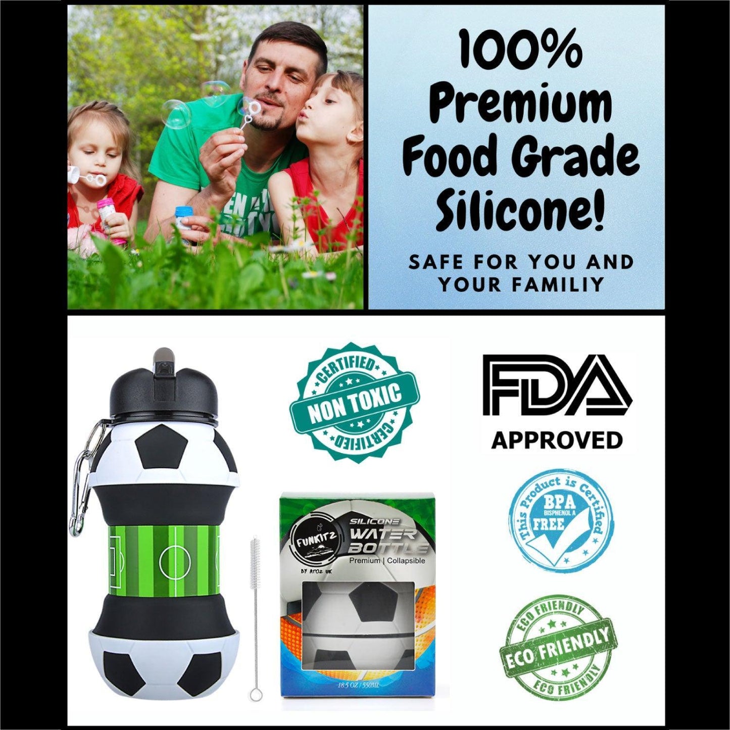 Football Water Bottles - Football Water Bottle for Kids, FunKitZ Football Water Bottle for Kids - Kids Collapsible Water Bottle