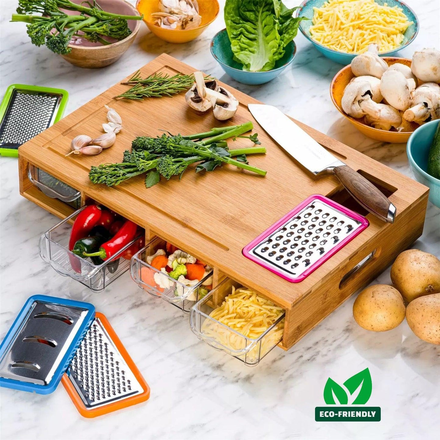 Wooden Chopping Board - Large Bamboo Wood Chopping Board With 4 BPA Free Plastic Drawers Cutting Boards