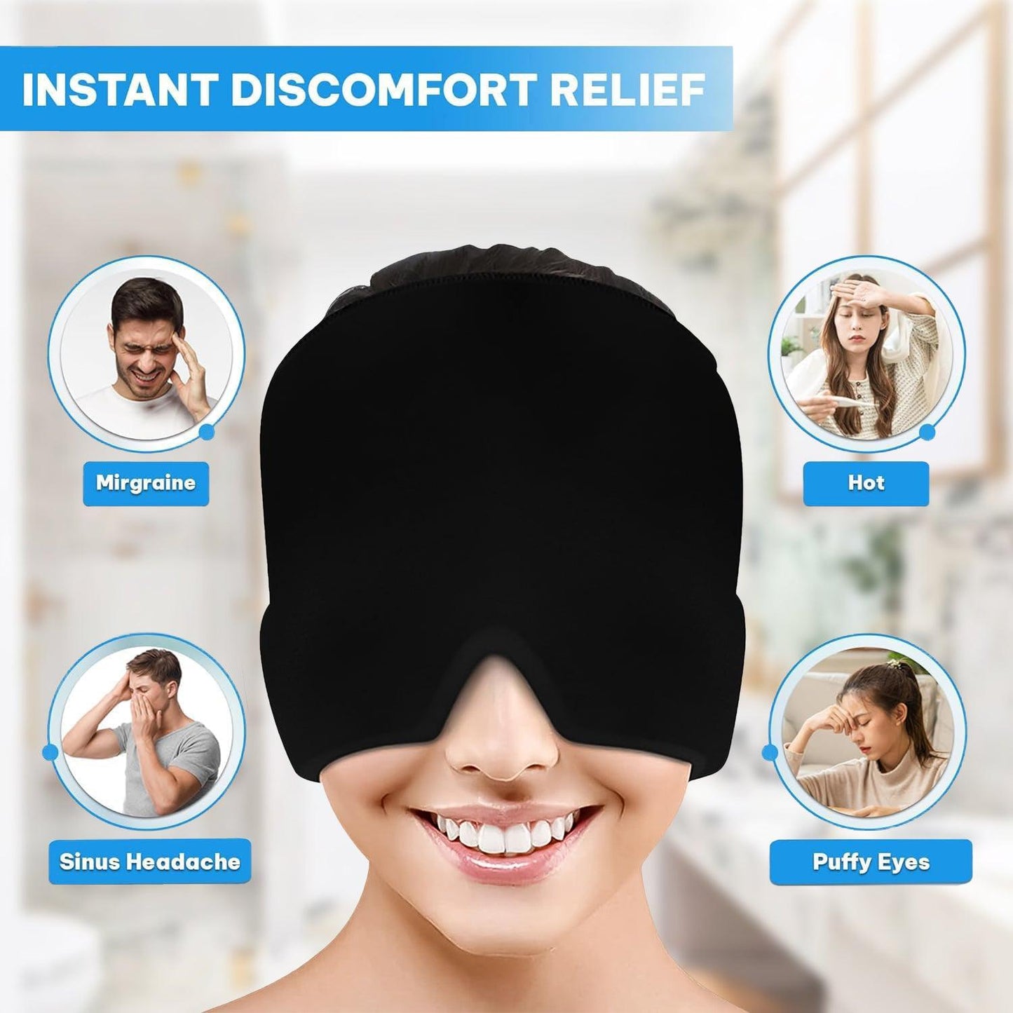 Headache and Migraine Relief Cap - Ice Mask or Hat for Migraines Tension Relief Dark and Cool Cap