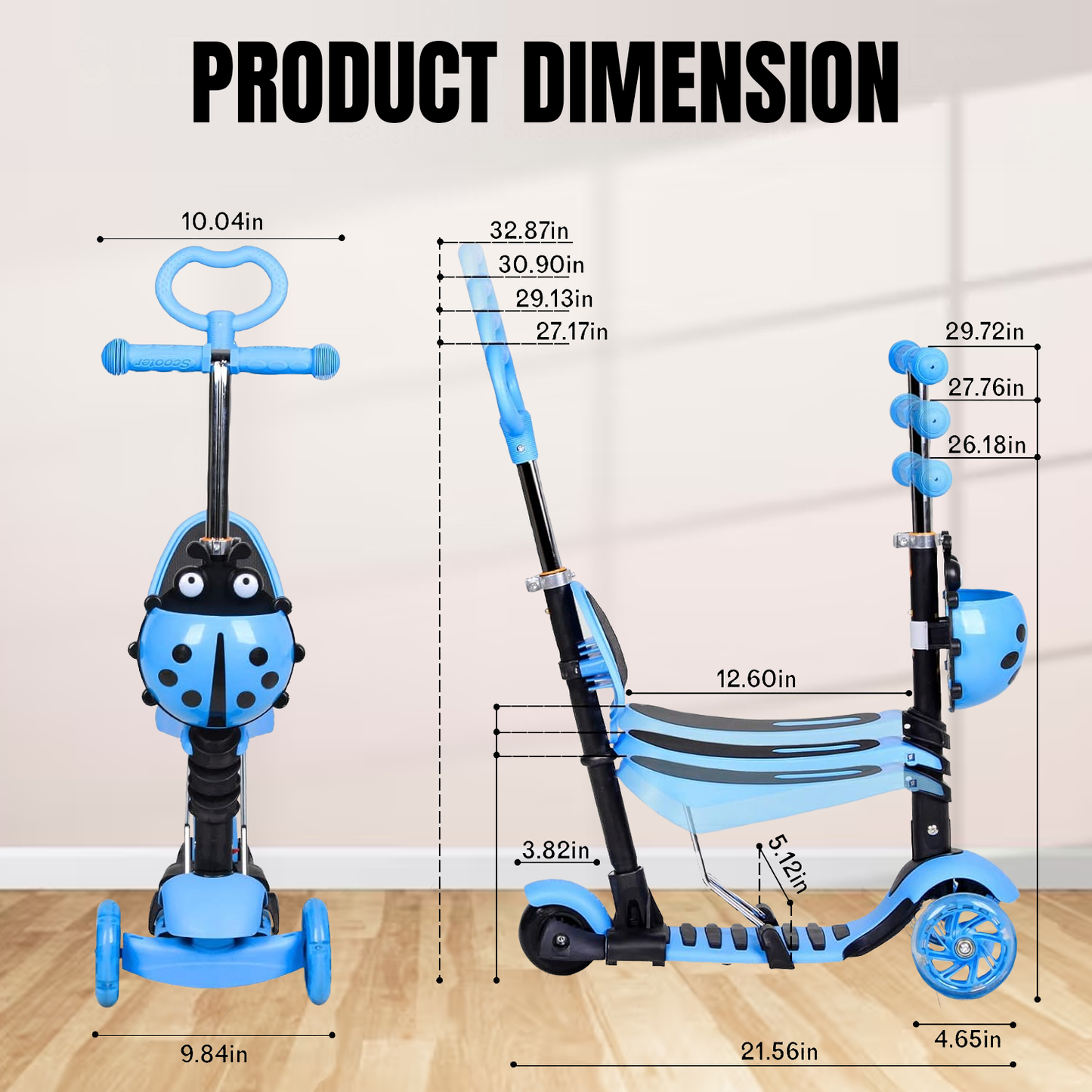Kids Push Scooter – 5 in 1 Adjustable Height Removable Seat LED Flashing 3 Wheels