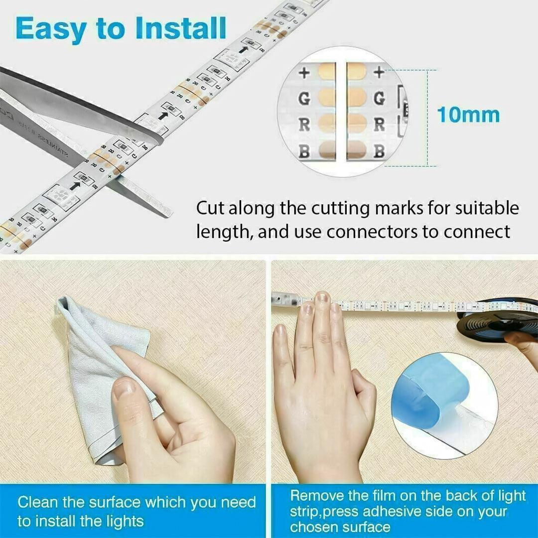 RGB LED Strip Light - 1-20M LED Strip Lights 5050 RGB Colour Changing Tape Cabinet Kitchen TV Lighting Indoor/Outdoor Decor