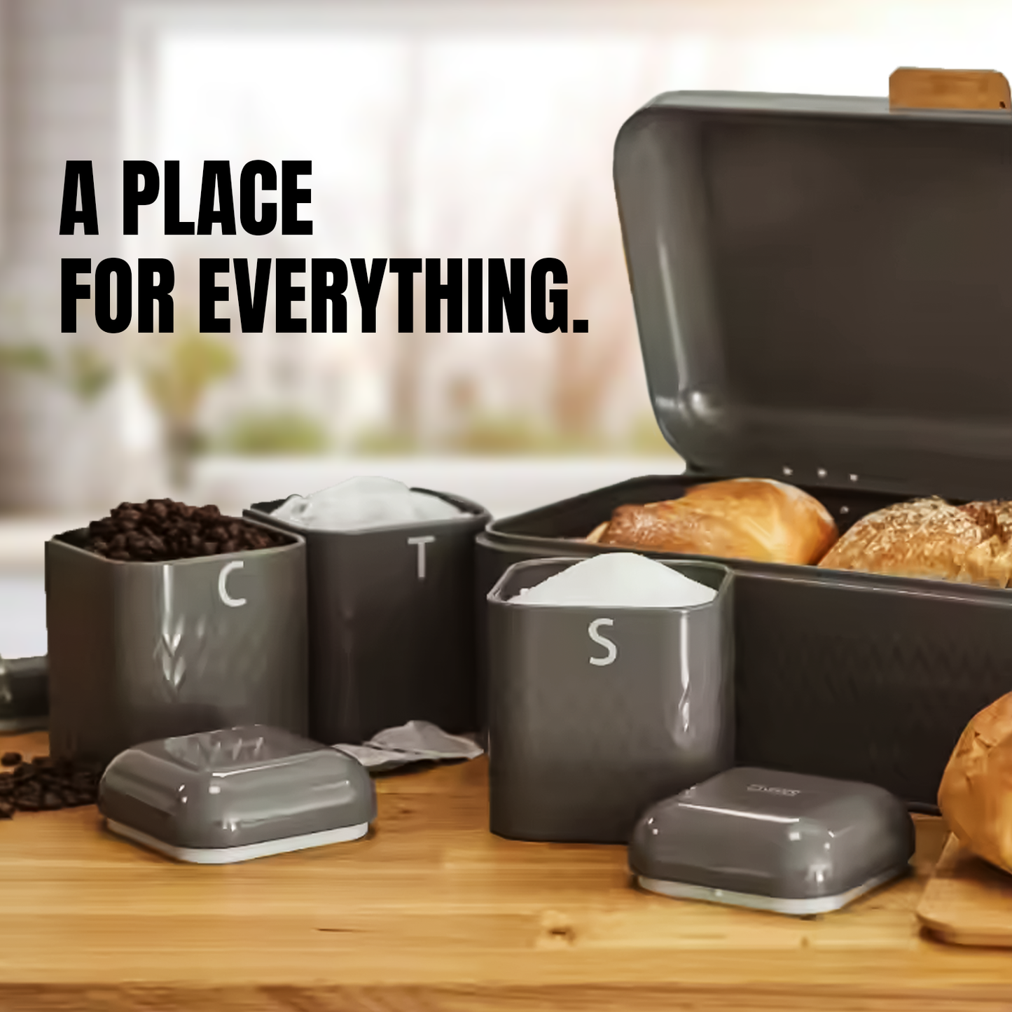Bread Bin Set – 4-Piece Kitchen Storage Set with Tea, Coffee & Sugar Canisters