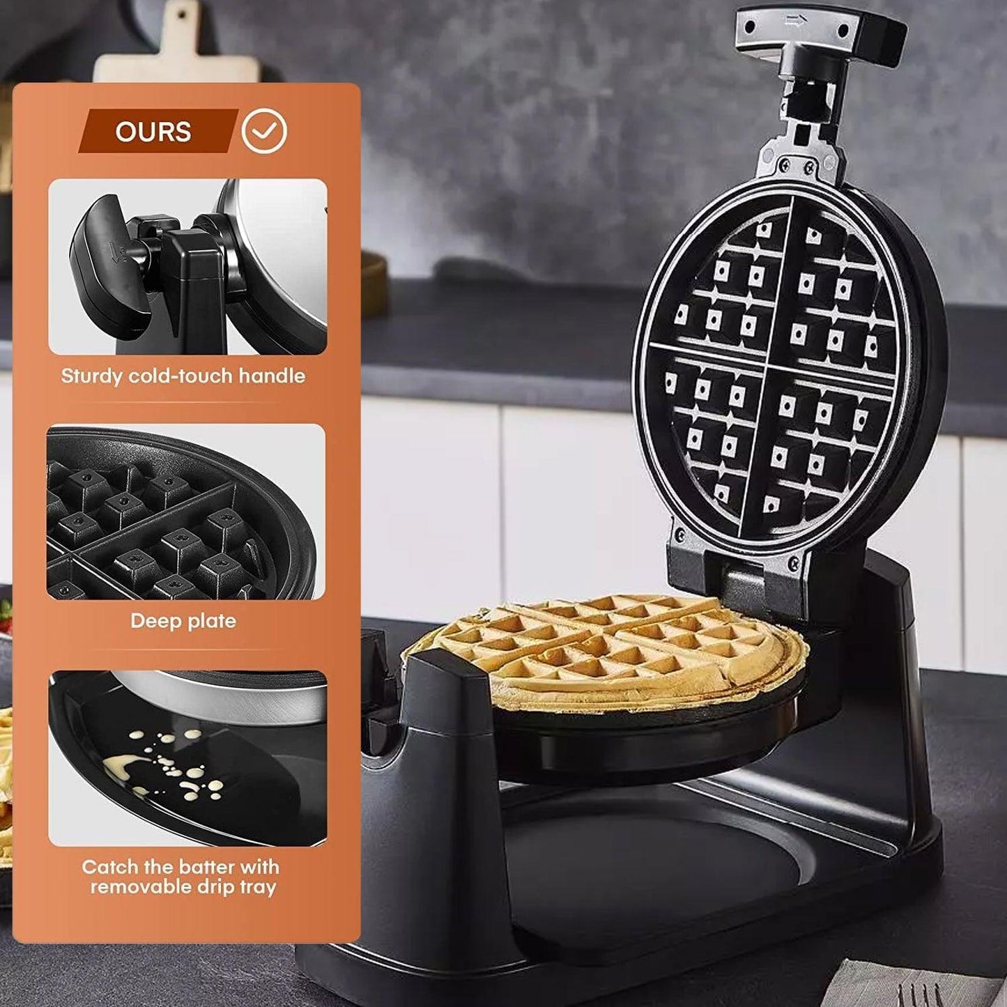 Rotating Waffle Maker - 1000W Non-Stick Rotary Waffle Iron with Auto Temperature Control | Cooks Upto 4 Waffles