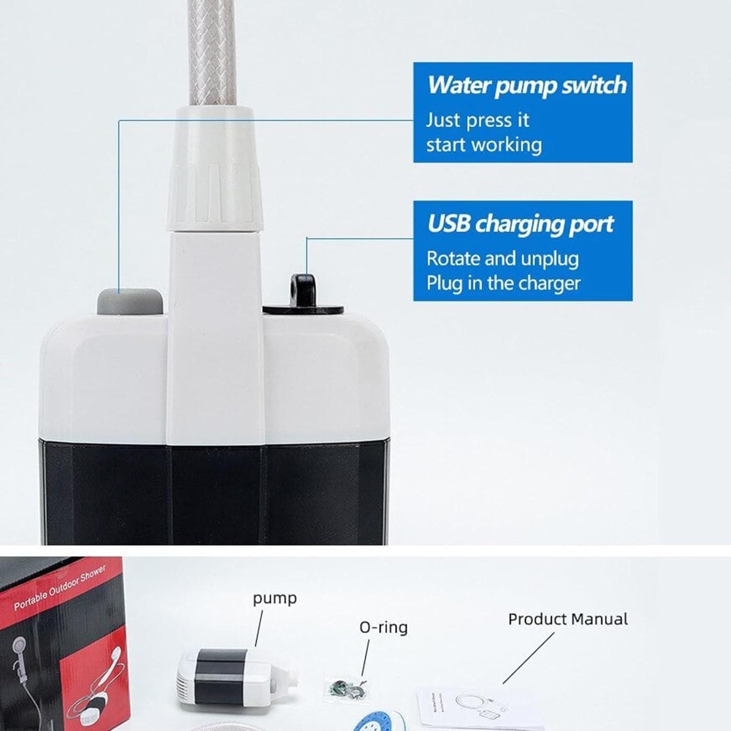 Portable Camping Shower - Outdoor Shower USB Rechargeable Shower Water Pump for Camp Hiking
