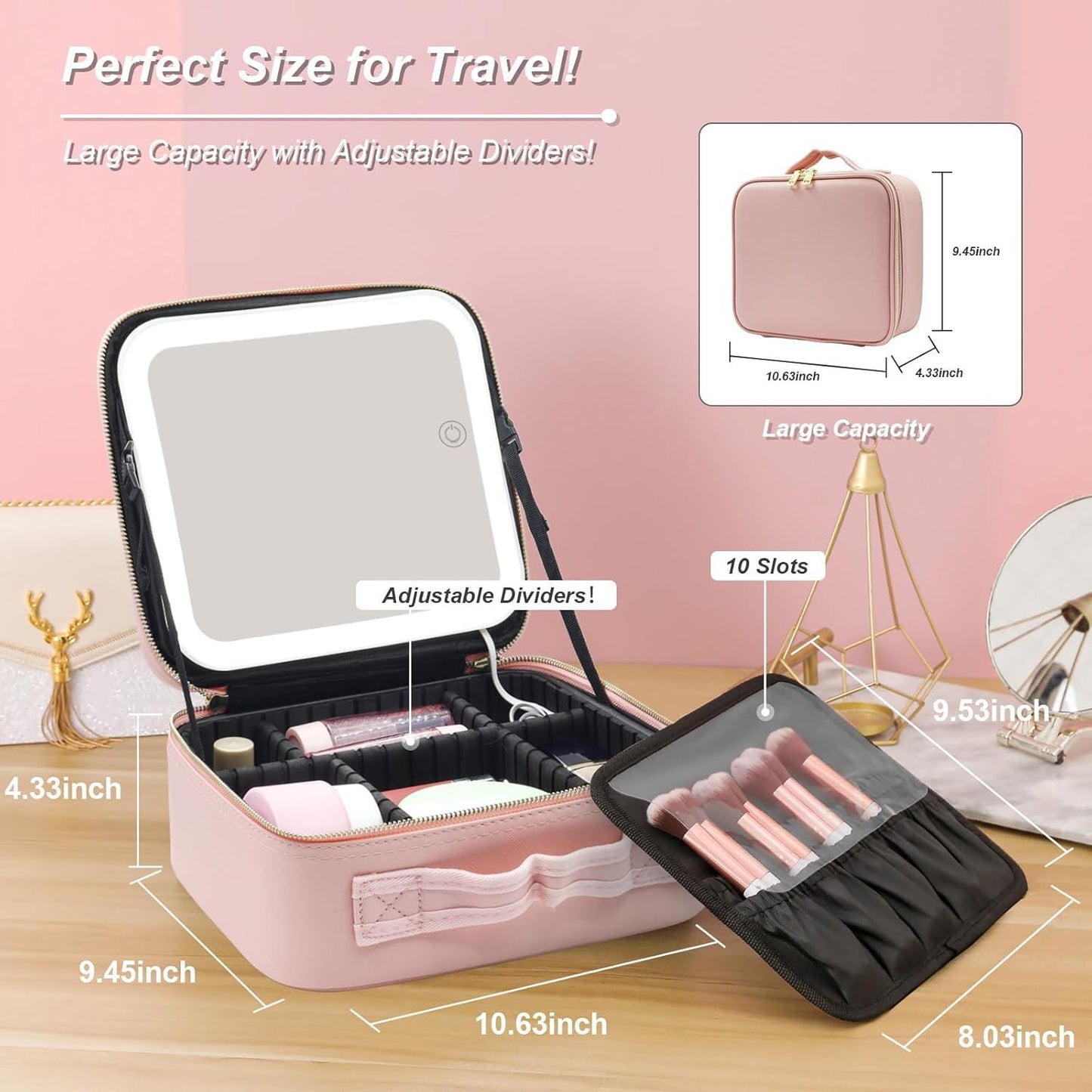 Travel Cosmetic Bag - Travel Makeup Bag With LED Mirror Vanity Case Beauty Box