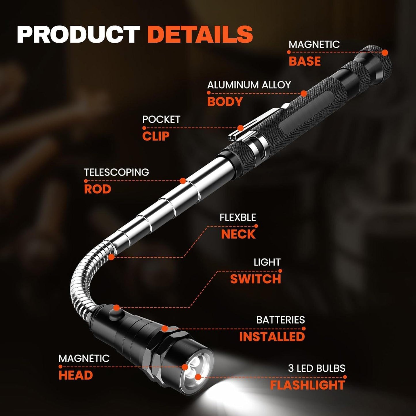 Magnetic Pickup Tool - LED Torch Telescopic Magnetic Pick up Tool Pick-up Stick with Magnet