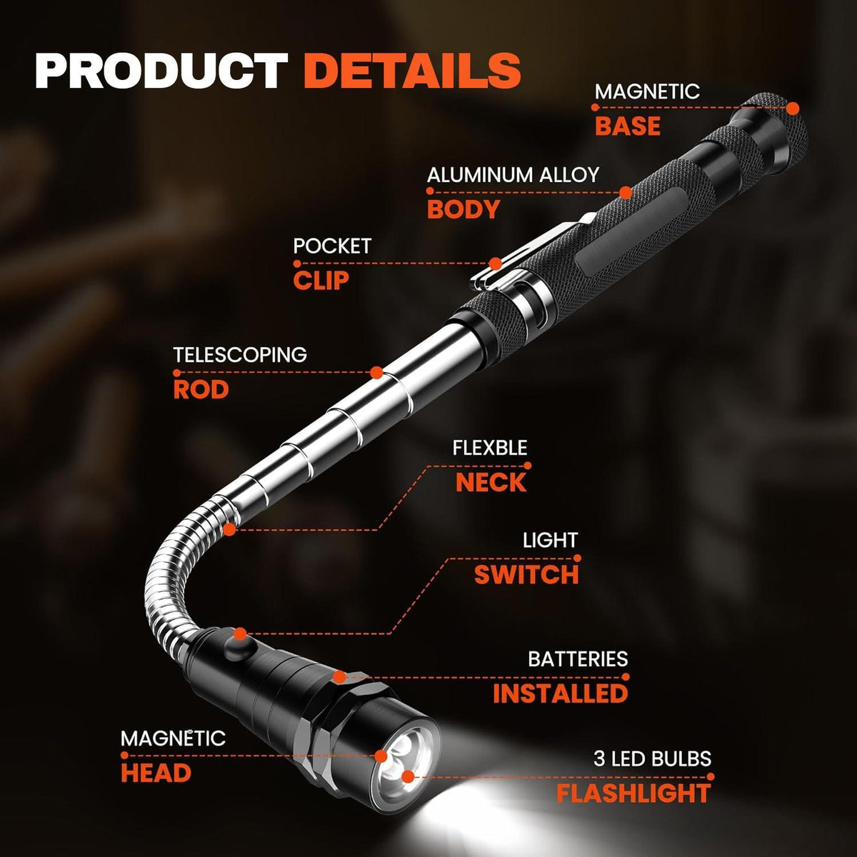 Magnetic Pickup Tool - LED Torch Telescopic Magnetic Pick up Tool Pick-up Stick with Magnet