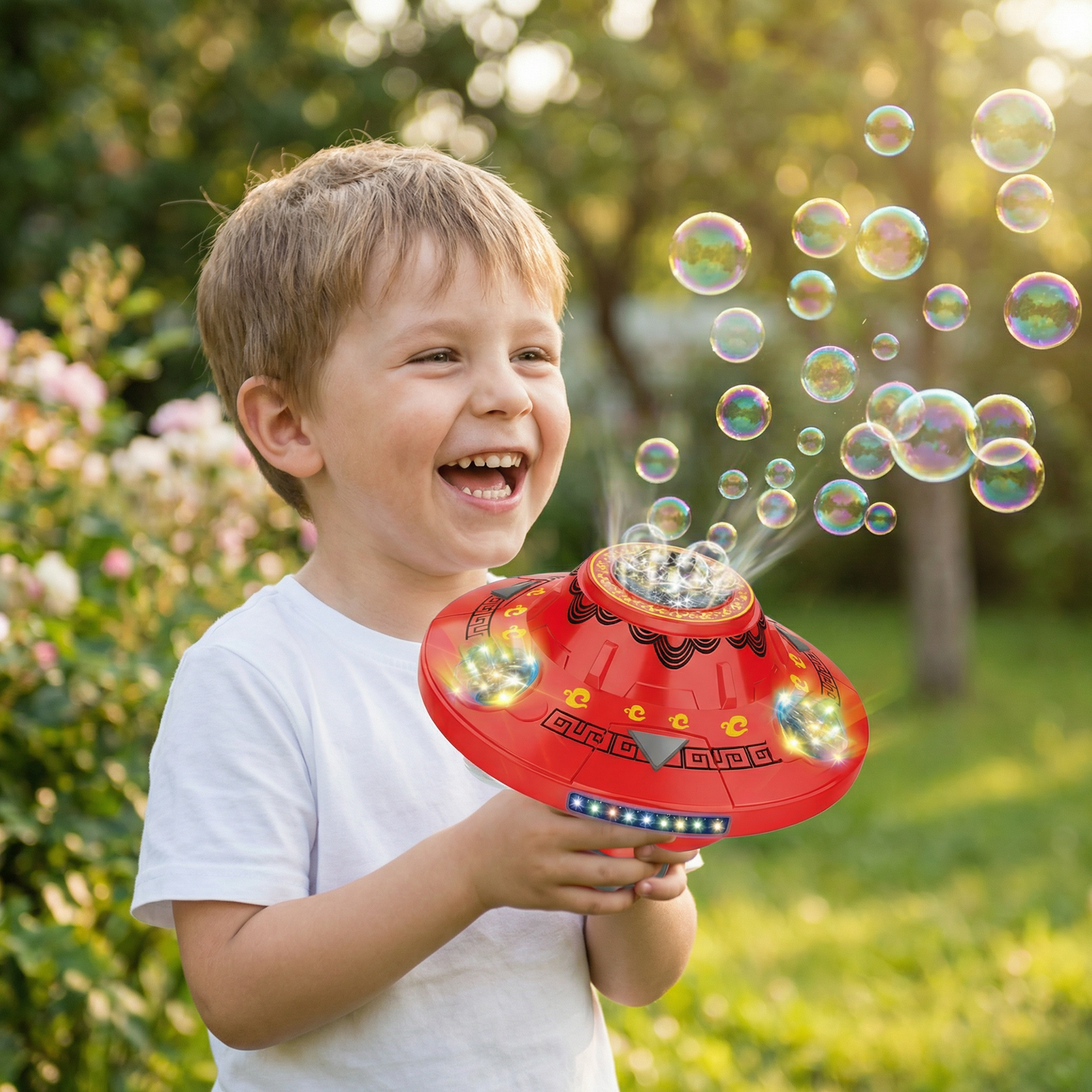 Light-Up UFO Bubble Machine for Kids – Rechargeable Spinning Bubble Blaster with LED Effects