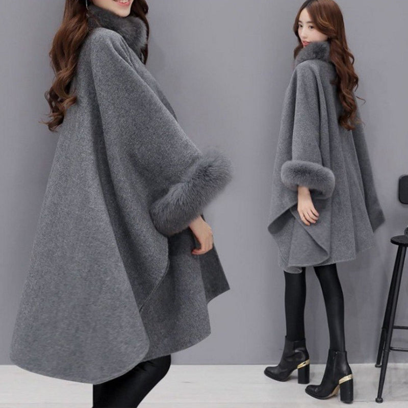 💖Best Gift💖 Elegant Solid Color Faux Fur Collar Loose Poncho Coat