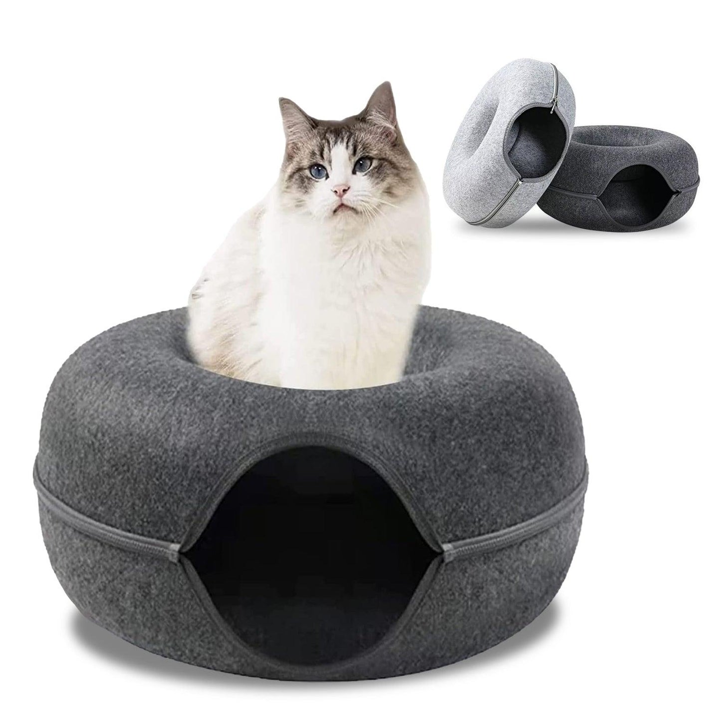 Cat Tunnel Bed - Natural Felt Pet Cat Cave Nest Round House Donut Interactive Toy
