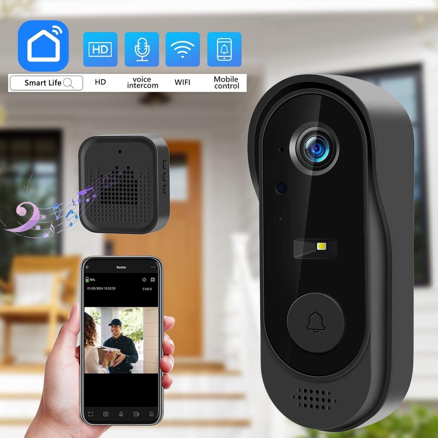 Wifi Video Doorbell - Smart Wireless Security Ring Phone Camera Door Bell Intercom HD Advanced Motion Detection Security Camera Bell