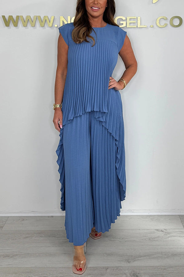 🔥Limited discount!🔥Laney Pleated Short Sleeve Irregular Midi Top and Elastic Waist Wide Leg Pants Set