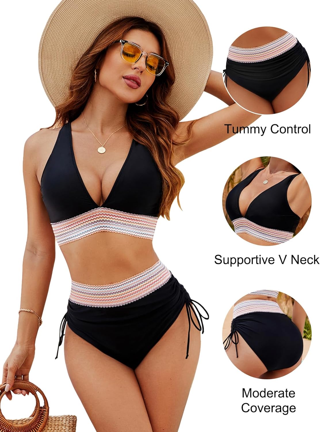 ⏳ Seasonal Sale 50% off 👙 High Waisted Tummy Control Color Block Bikini Sets
