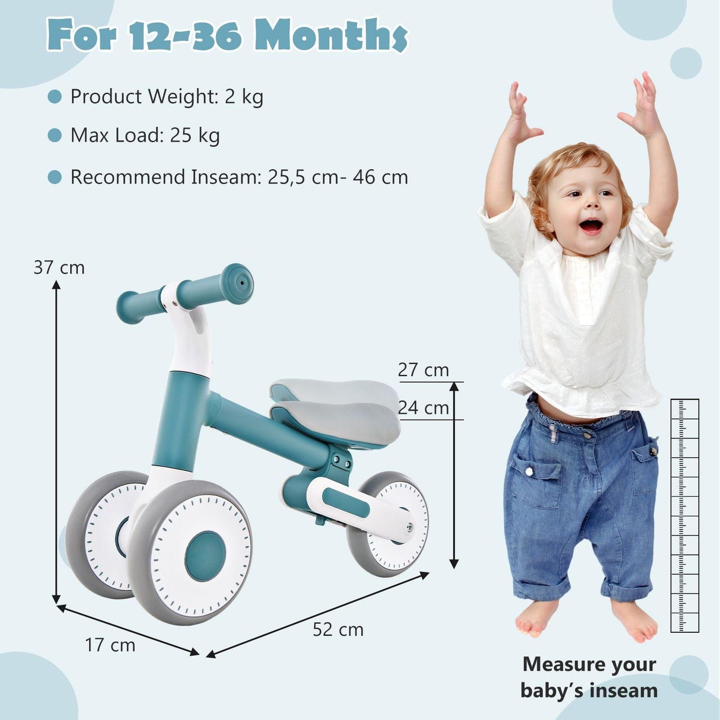 Baby Balance Bike - Toddler Walker Training Bicycle with Adjustable Seat