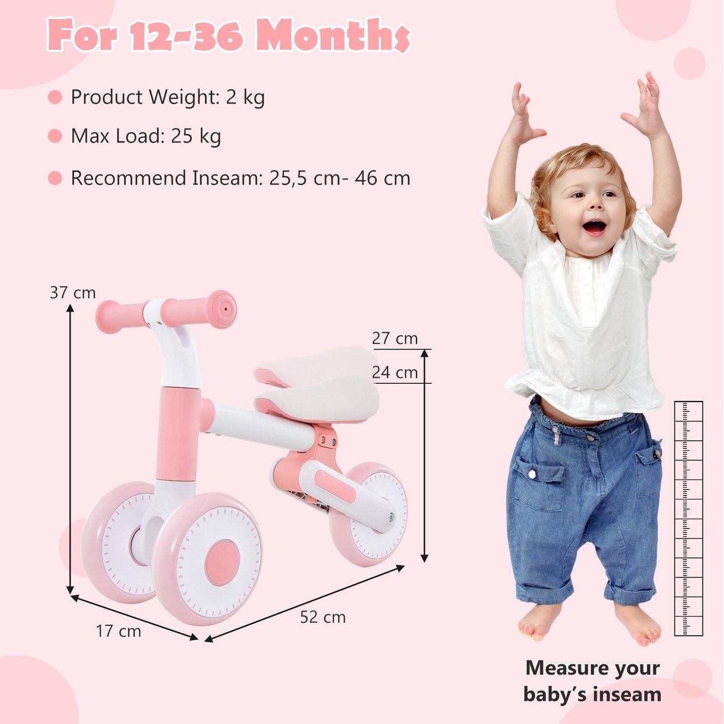 Baby Balance Bike - Toddler Walker Training Bicycle with Adjustable Seat
