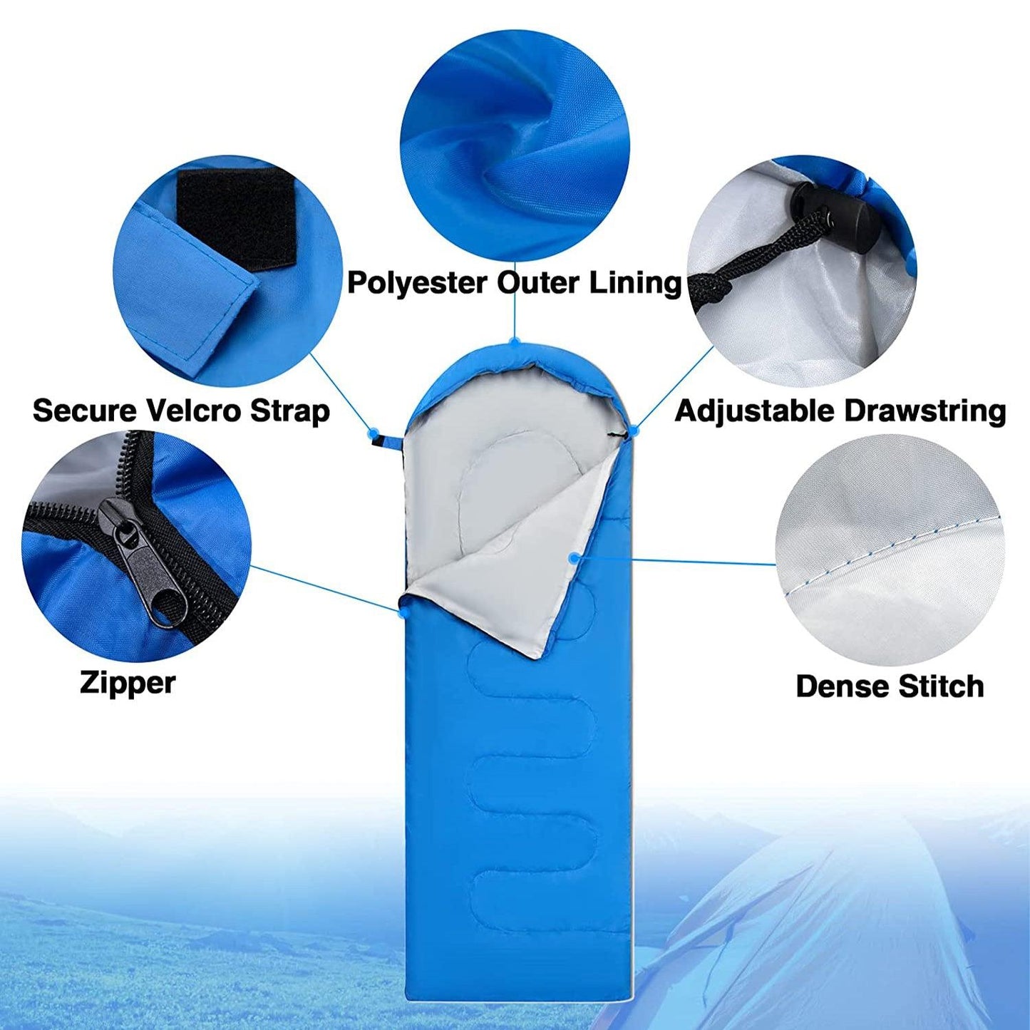 Travel Sleep Bag - Single Sleeping Bags Camping Rectangular Envelope Zip Up Kids Adult