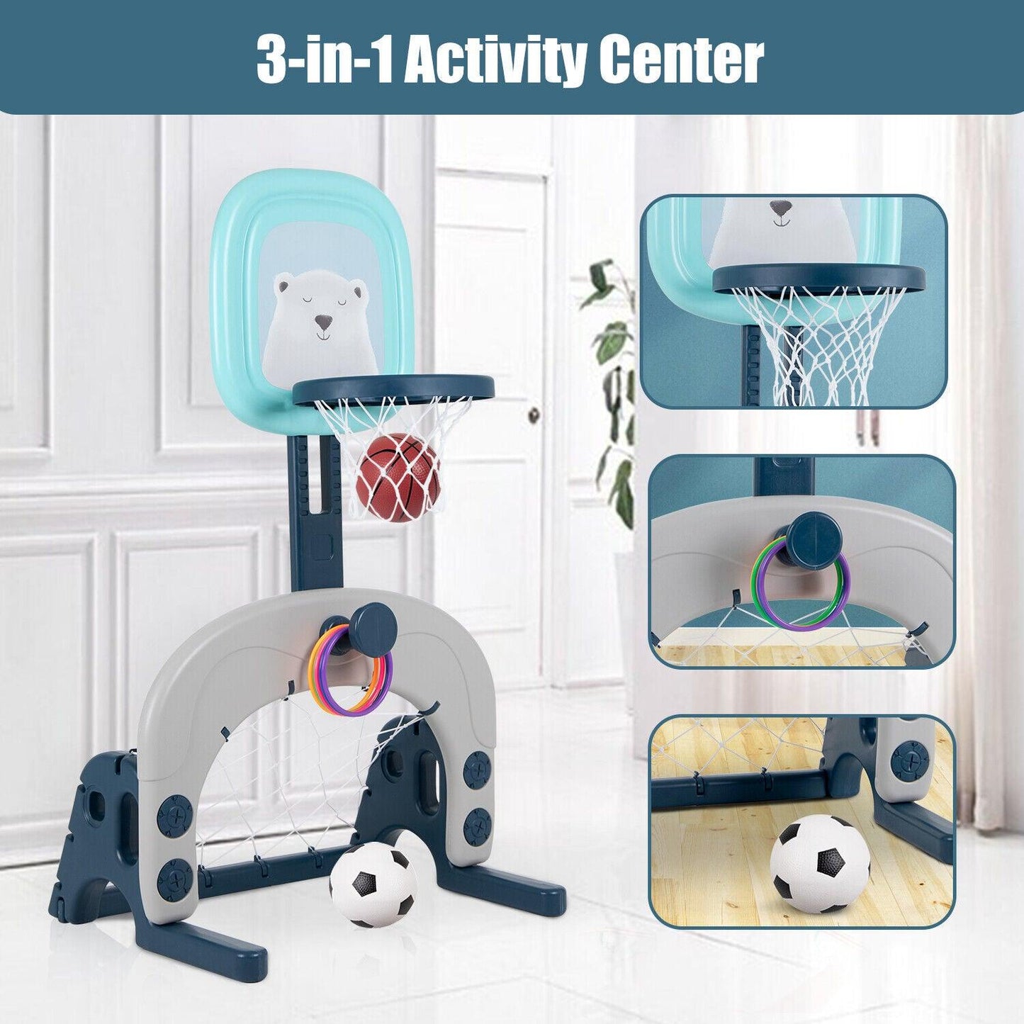 Flashing Basketball Stand - Basketball Hoops 3-In-1 Kids Activity Center Soccer & Ball Gaming Activity Gift