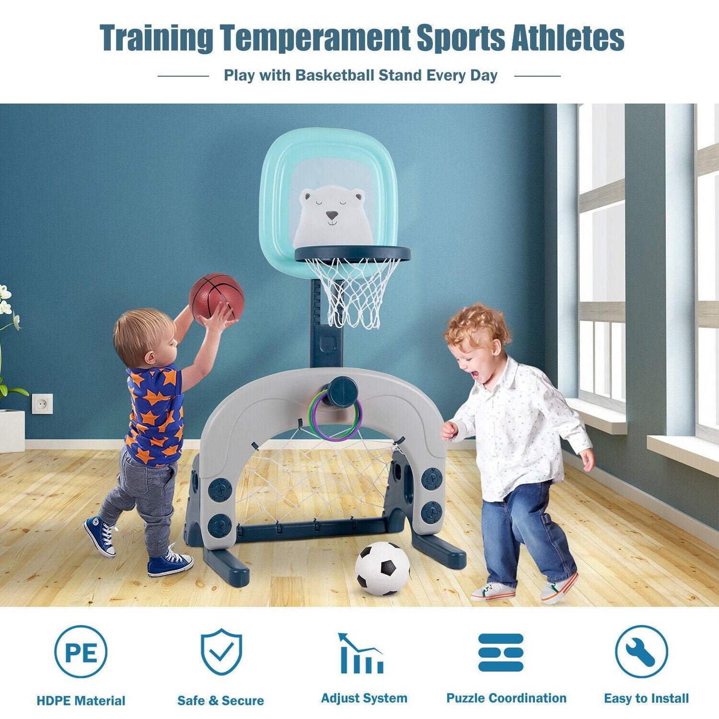 Flashing Basketball Stand - Basketball Hoops 3-In-1 Kids Activity Center Soccer & Ball Gaming Activity Gift