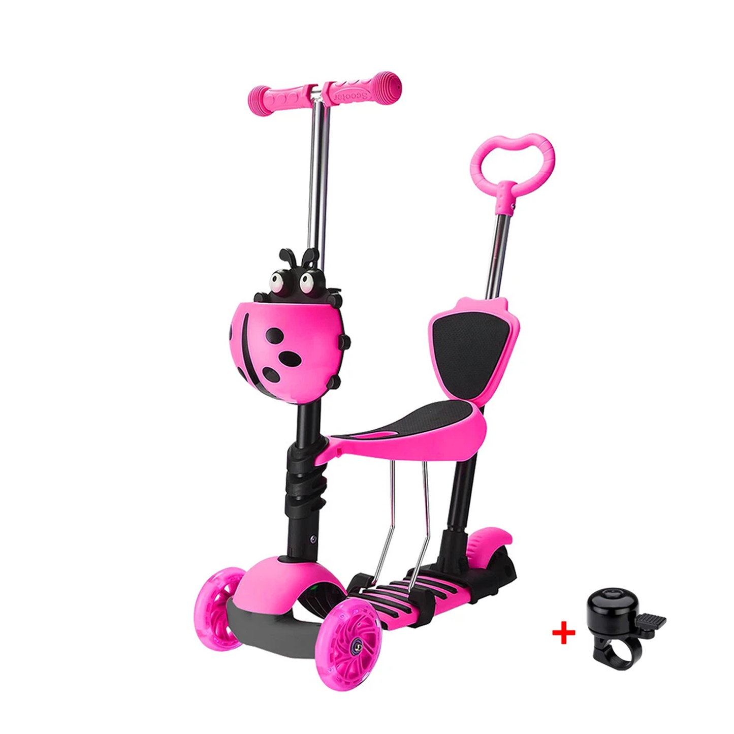 Kids Push Scooter – 5 in 1 Adjustable Height Removable Seat LED Flashing 3 Wheels