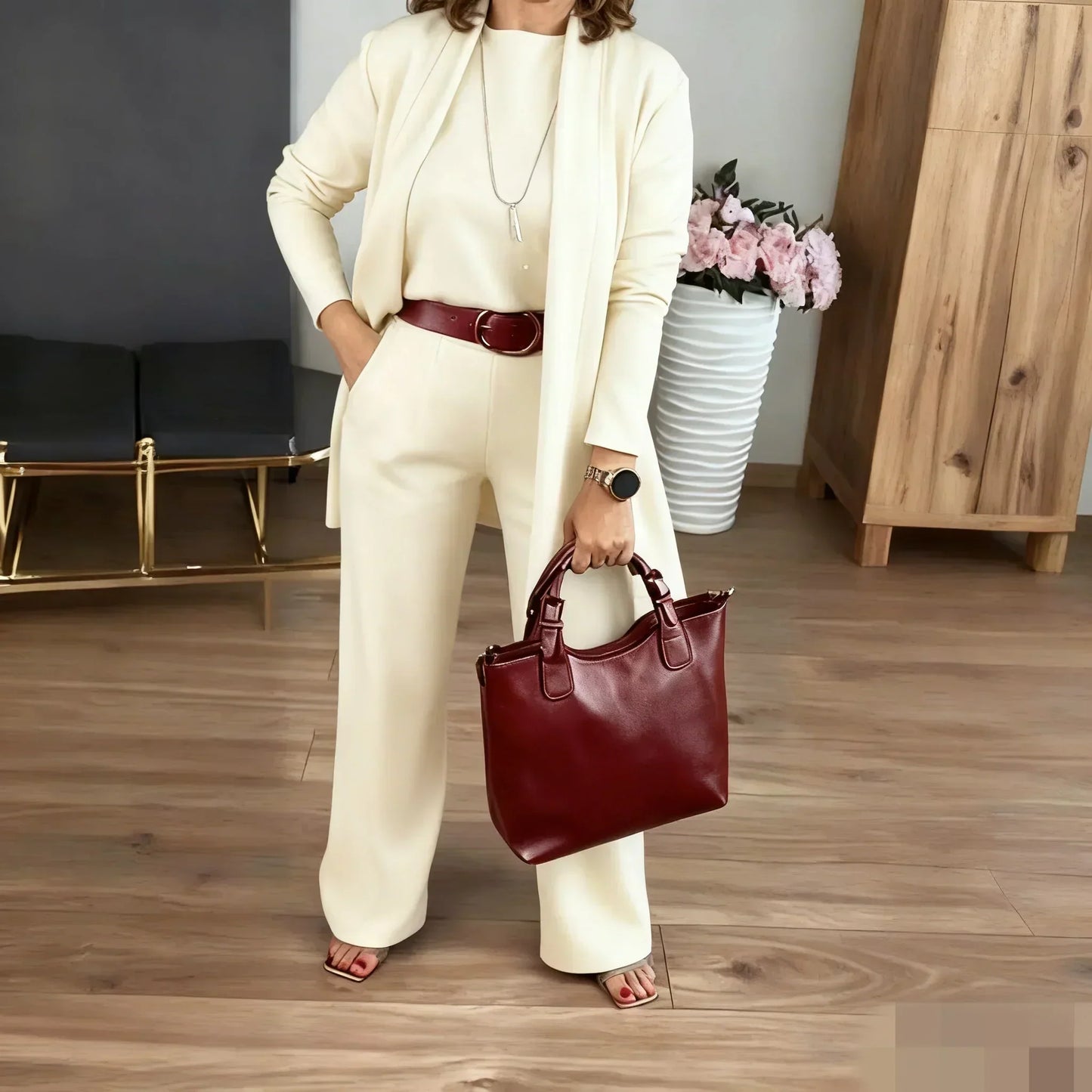 💜 LAST DAY PROMOTION 50%OFF 💜Elegant 3-piece set including long cardigan, top and pants💞