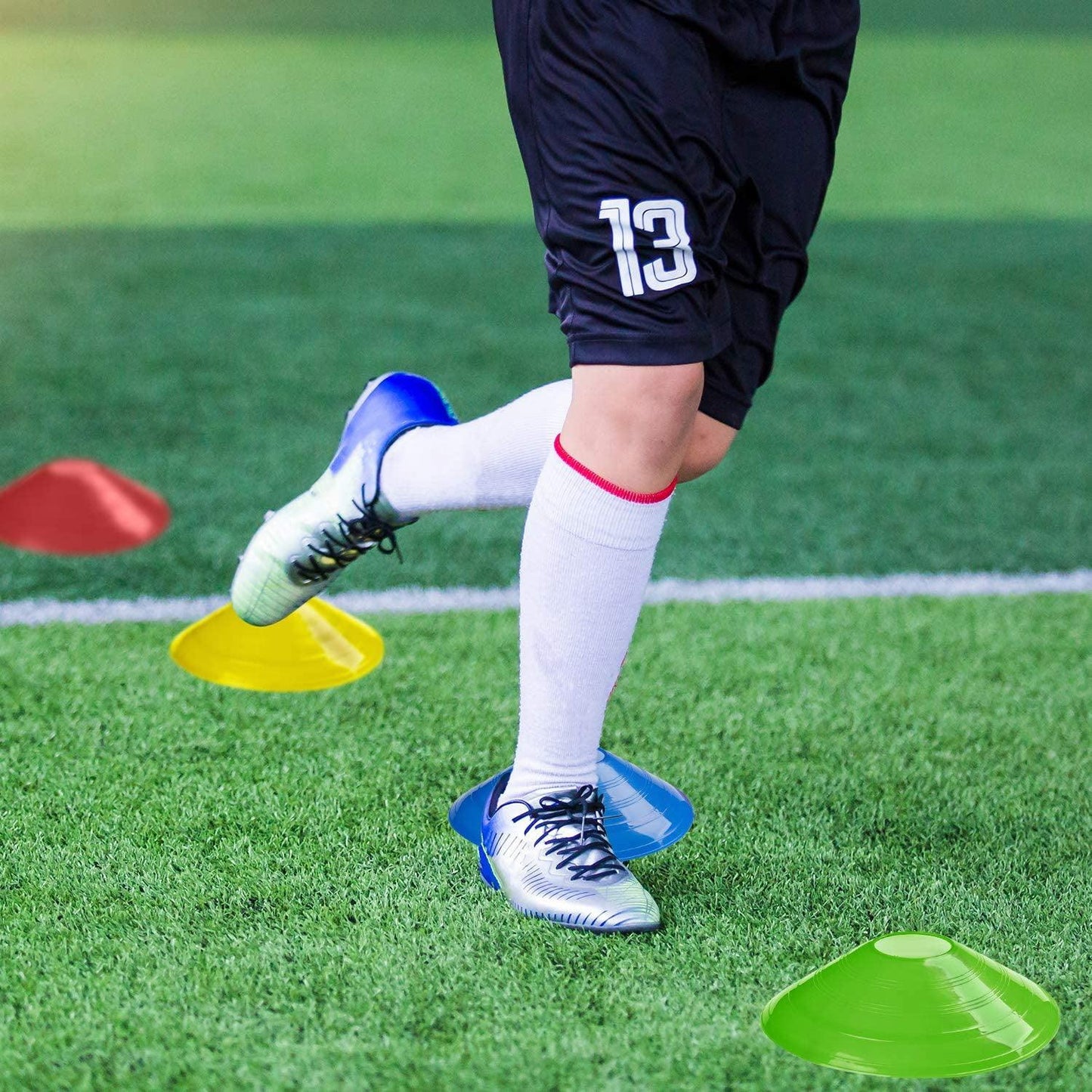 Football Training Cones – Indoor/Outdoor Use – Set of 50 Sports Safety Space Marker Cones with Stand and Bag.