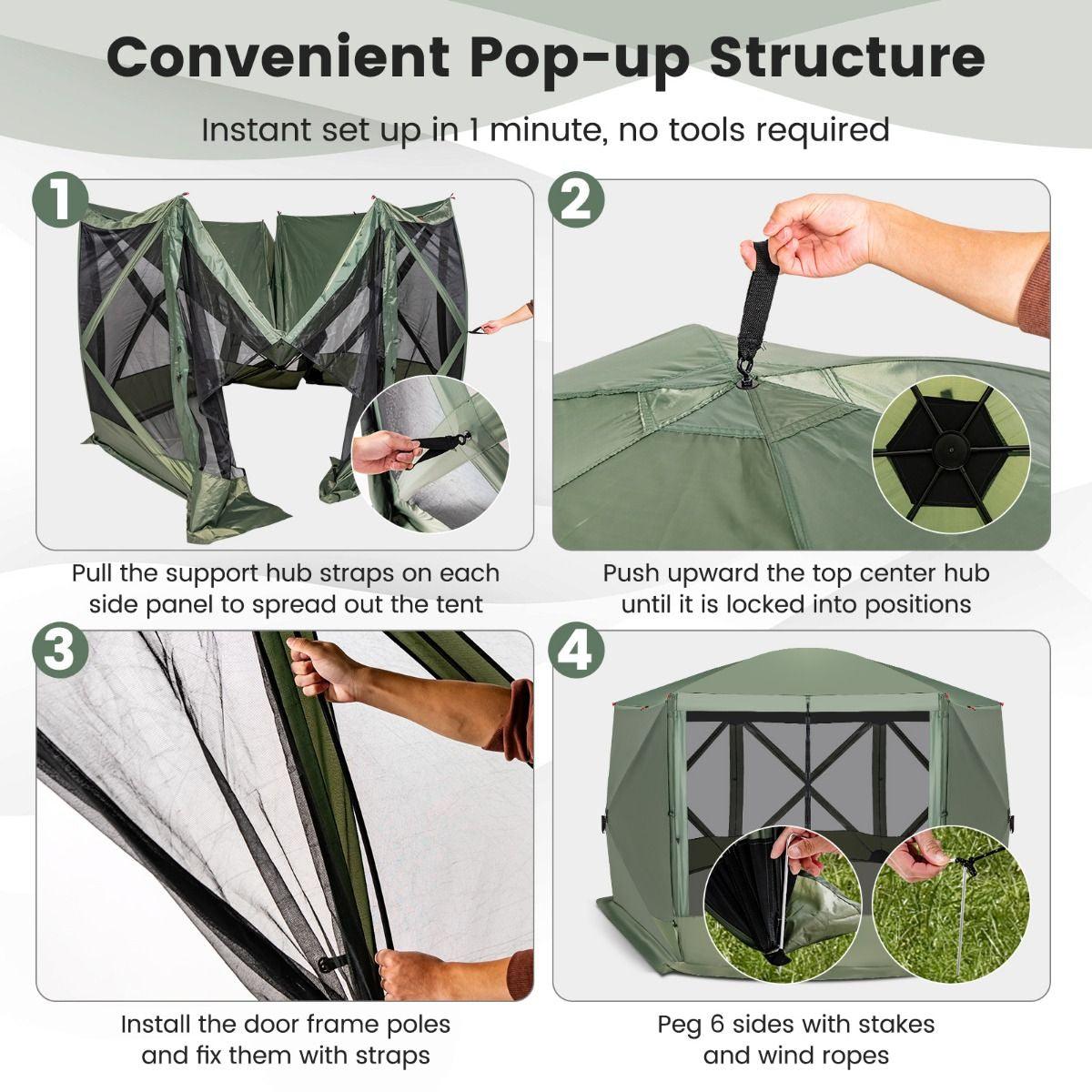 Family Camping Tent - 6-Sided Camping Gazebo Instant Setup Hub Tent with Portable Carrying Bag