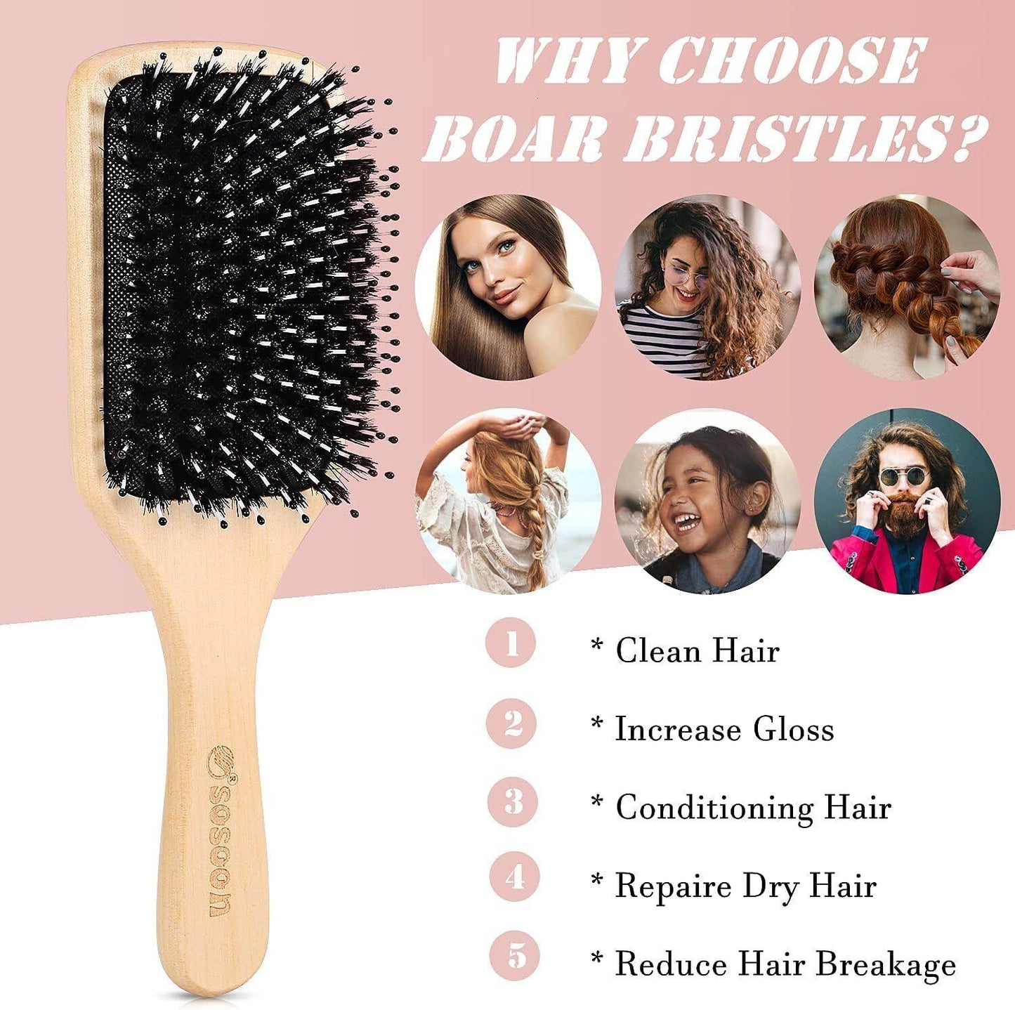 Luxury Hair Brush Set - 5pk Hair Brush Set for Women Professional Pink Hairdressing Salon Styling Gift