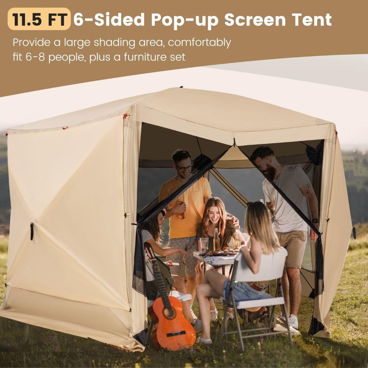 Family Camping Tent - 6-Sided Camping Gazebo Instant Setup Hub Tent with Portable Carrying Bag