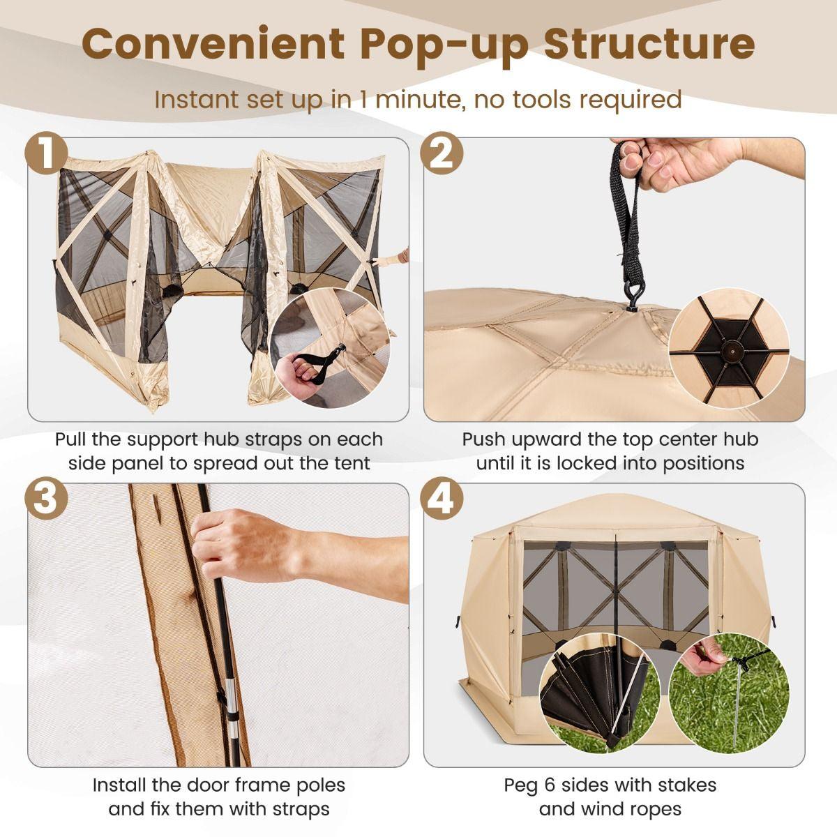 Family Camping Tent - 6-Sided Camping Gazebo Instant Setup Hub Tent with Portable Carrying Bag