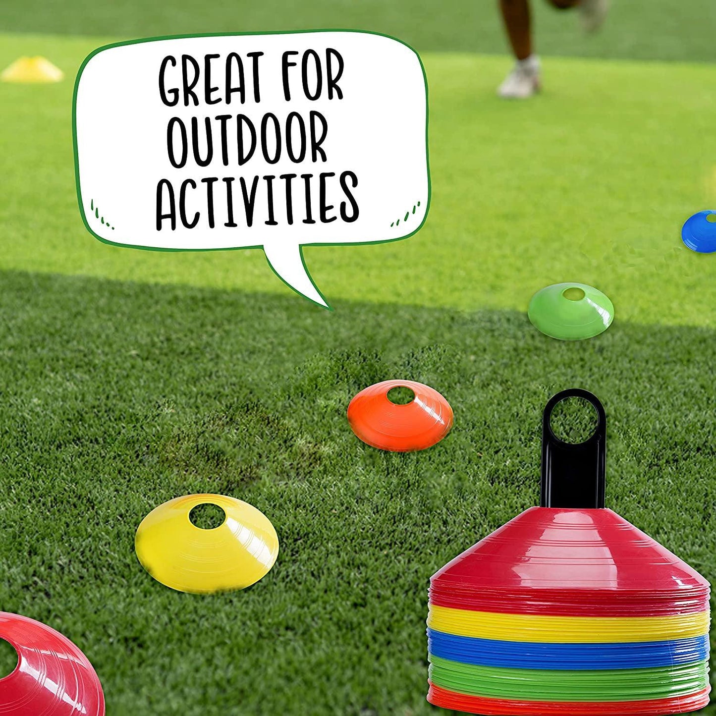 Football Training Cones – Indoor/Outdoor Use – Set of 50 Sports Safety Space Marker Cones with Stand and Bag.