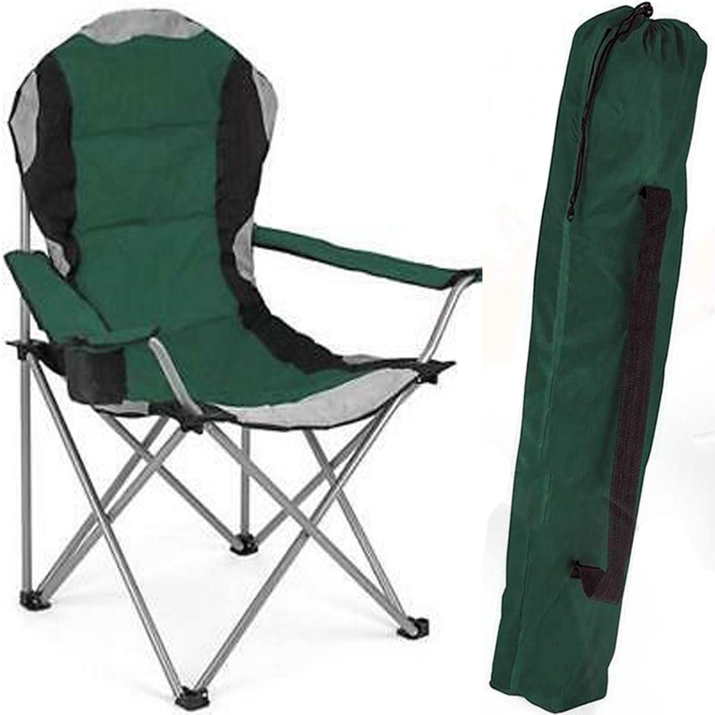 Outdoor Camping Chair - Padded Folding Camping Deluxe Fold Chairs High Back With Cup Holder & Carry Bag
