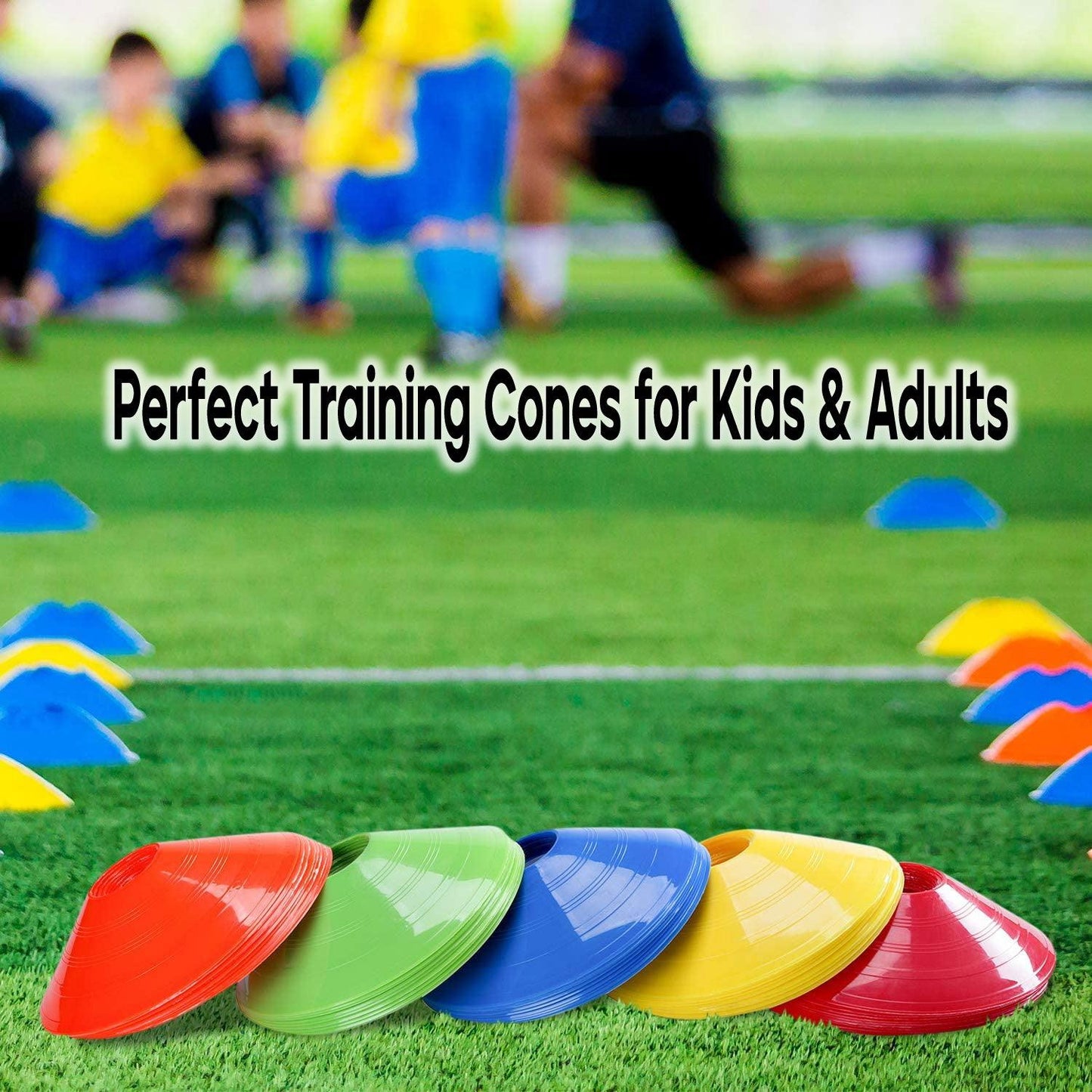 Football Training Cones – Indoor/Outdoor Use – Set of 50 Sports Safety Space Marker Cones with Stand and Bag.