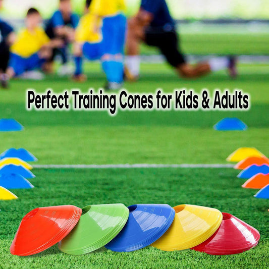 Football Training Cones – Indoor/Outdoor Use – Set of 50 Sports Safety Space Marker Cones with Stand and Bag.