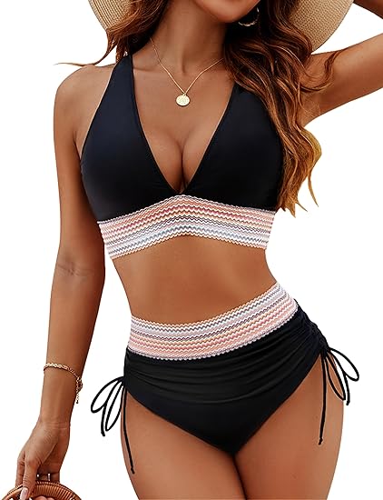 ⏳ Seasonal Sale 50% off 👙 High Waisted Tummy Control Color Block Bikini Sets