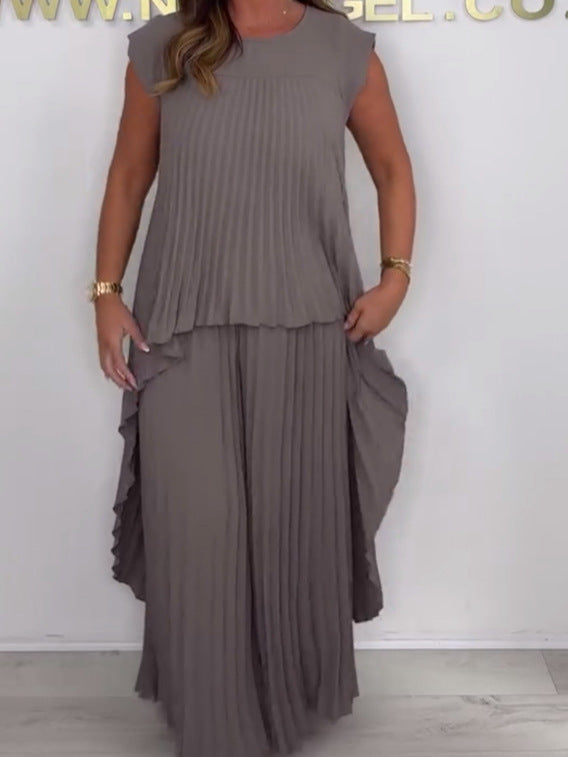 🔥Limited discount!🔥Laney Pleated Short Sleeve Irregular Midi Top and Elastic Waist Wide Leg Pants Set
