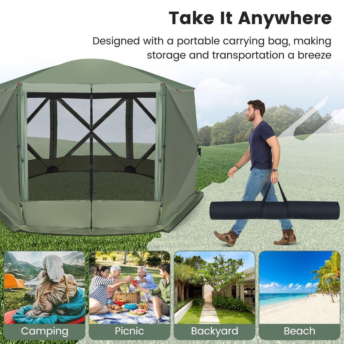 Family Camping Tent - 6-Sided Camping Gazebo Instant Setup Hub Tent with Portable Carrying Bag