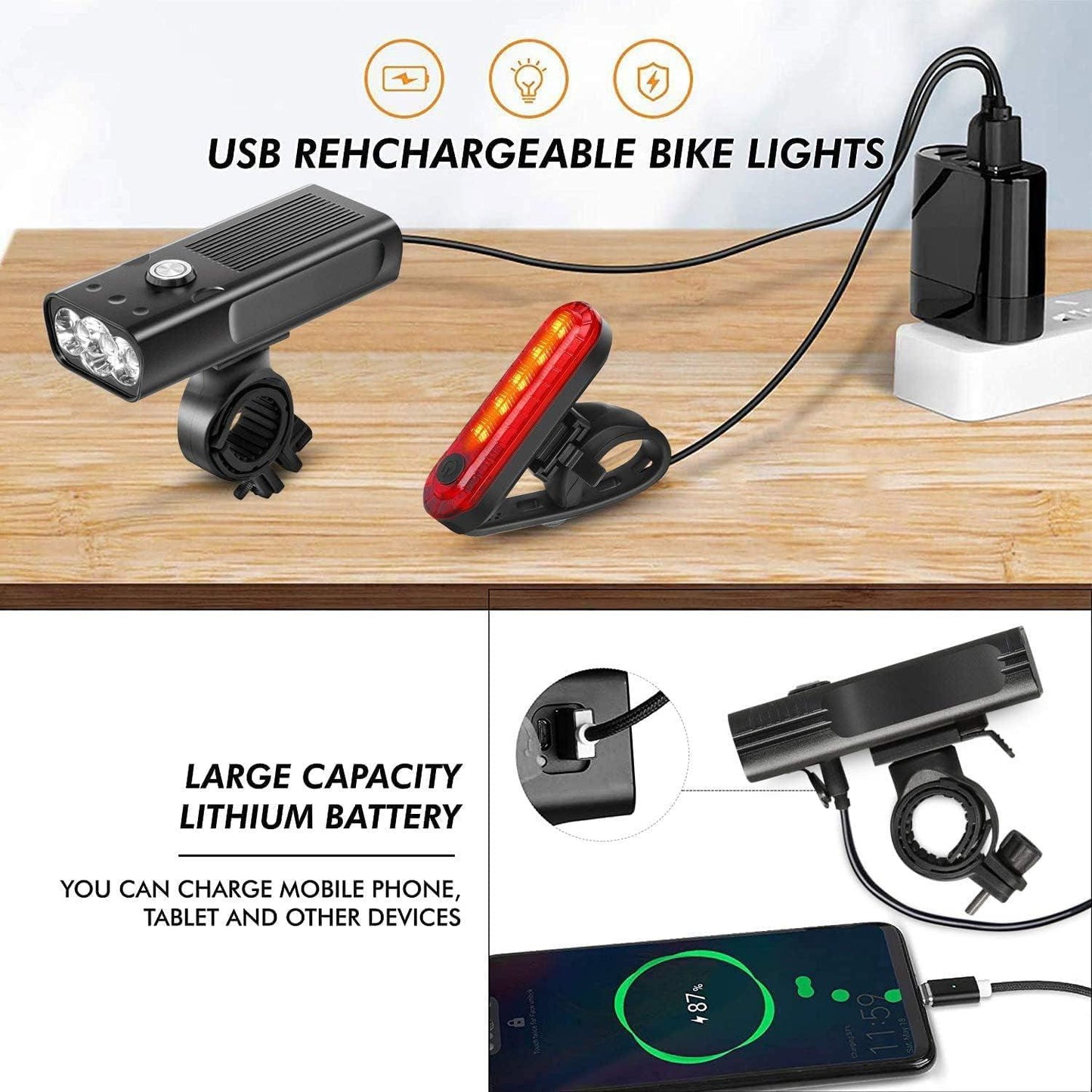 Best Budget MTB Lights UK - Bike Bicycle Premium Aluminium Lights Set Waterproof Rechargeable Powerbank
