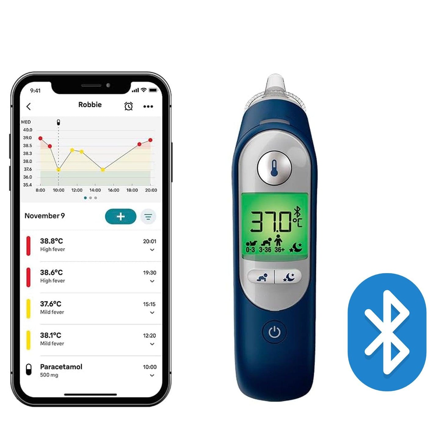 Digital Ear Thermometer - 7+ connect Ear thermometer | App Compatible Technology |  Colour-coded Digital Display | Baby And Infant Friendly
