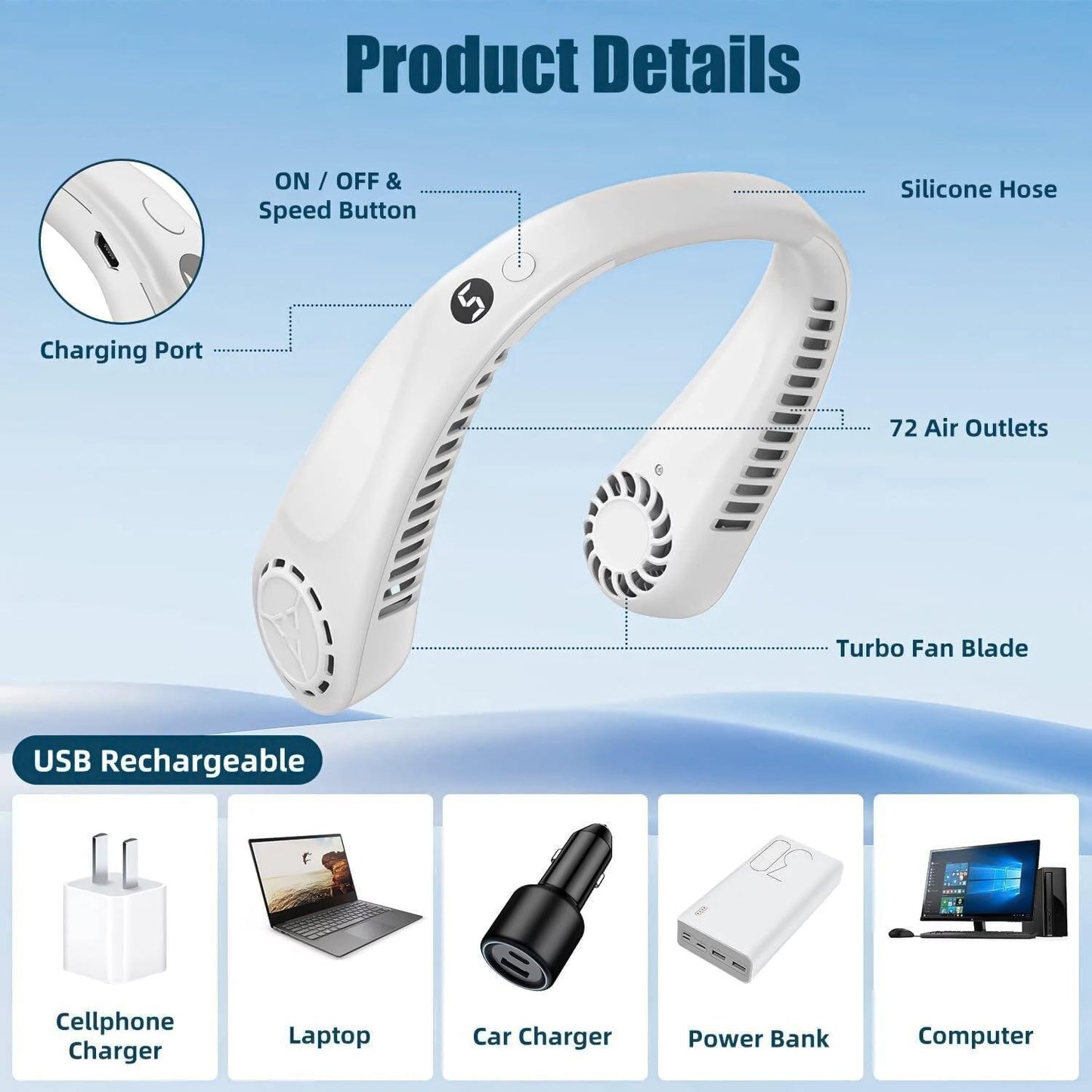 Portable Neck Fans - Portable 5 Speed Neck Fan USB Rechargeable Neckband Bladeless Cooler