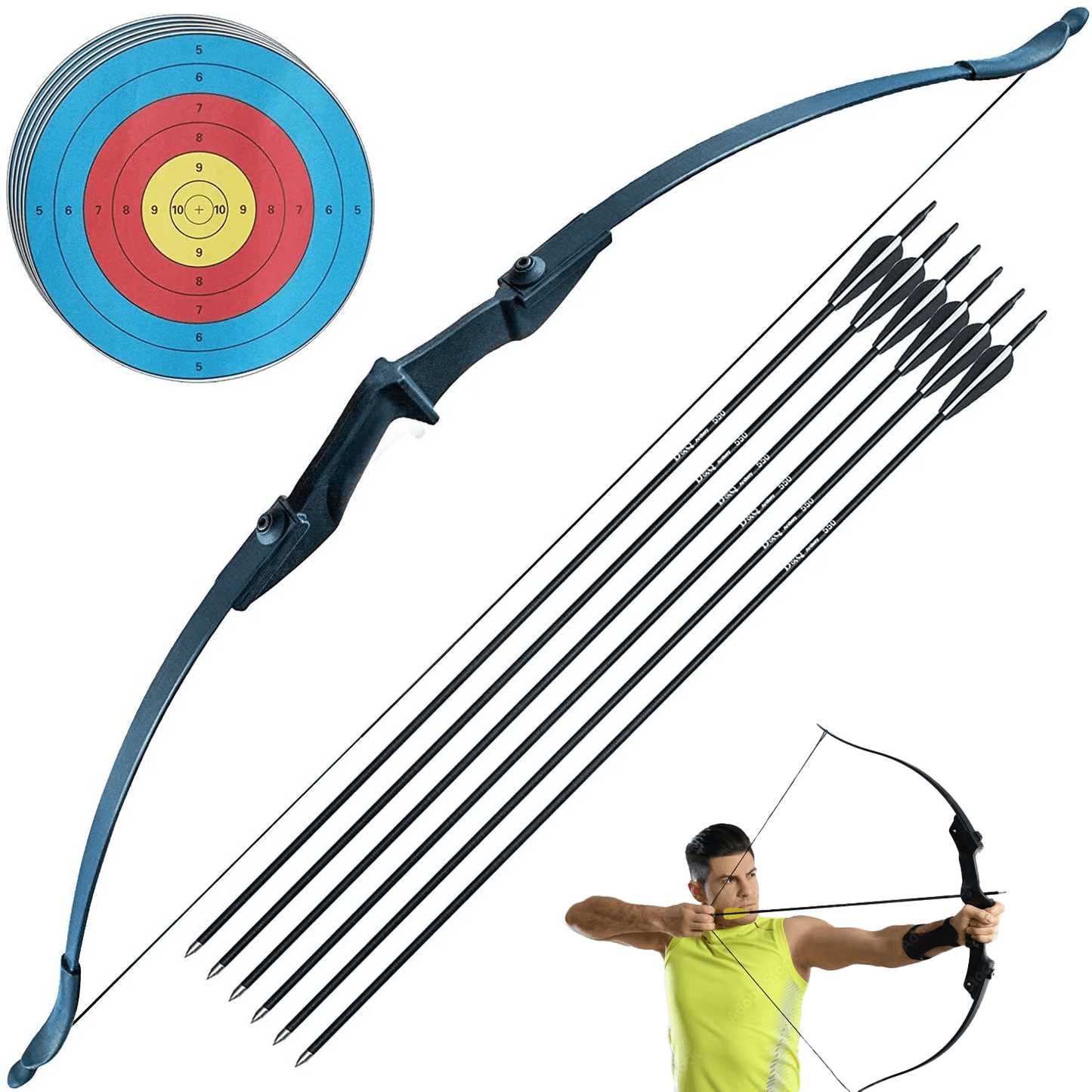 Hunting Bow and Arrow Set - 40lb Long Bow Archery Takedown Recurve Bow and Arrow Set Hunting Training Target