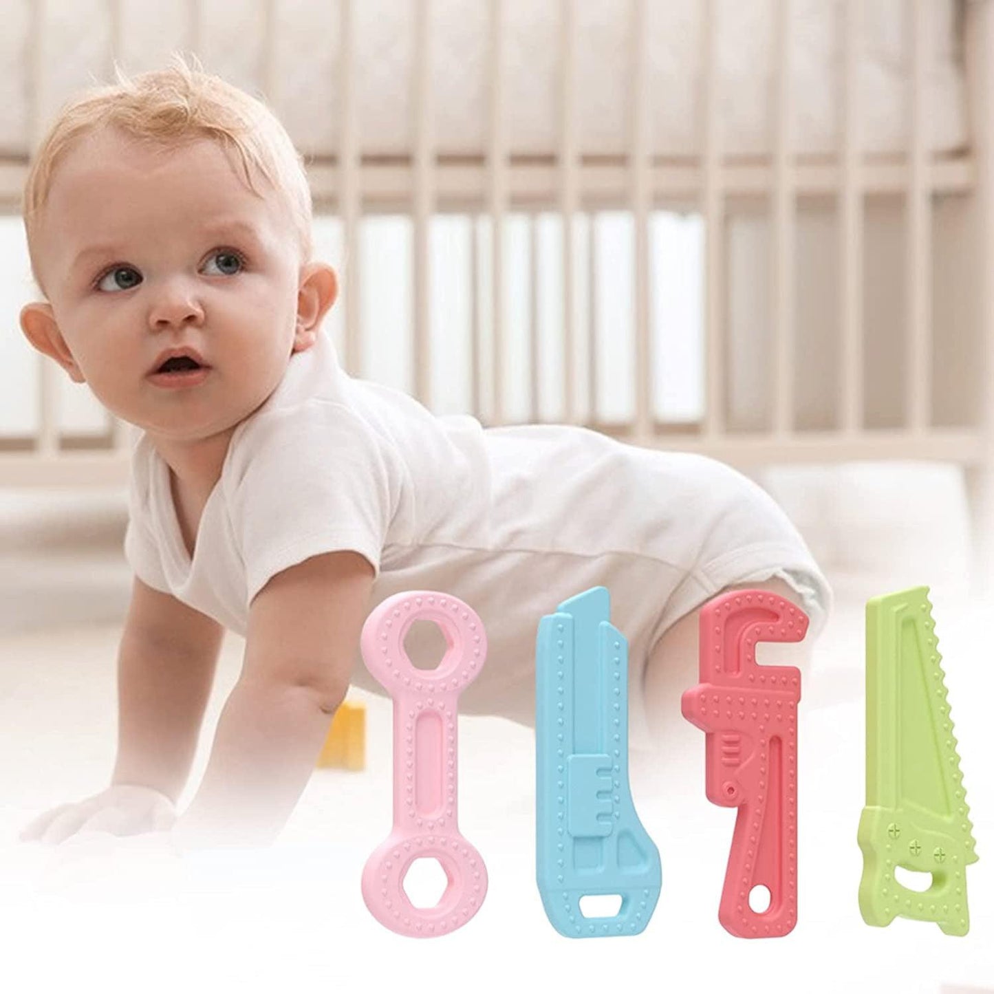 Teething Toys for Babies - Silicone Baby Molar Teether Chew Toys with Pacifier Clips, Hammer Wrench Spanner Pliers Shape Baby Toys for Stimulates