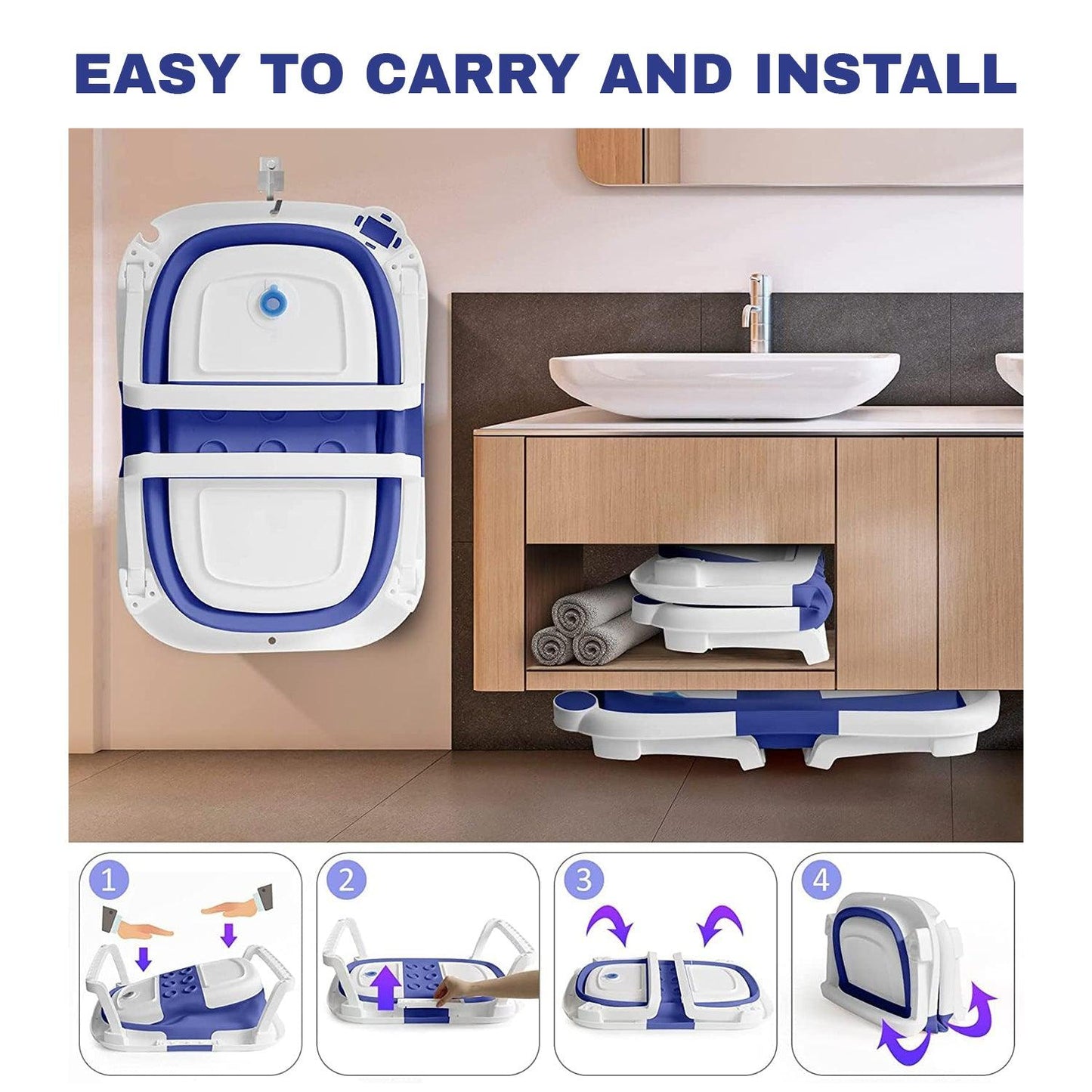 Baby Bath Tub - Foldable Child Bathtub With Thermometer & Bathtub Cushion & Bath Net