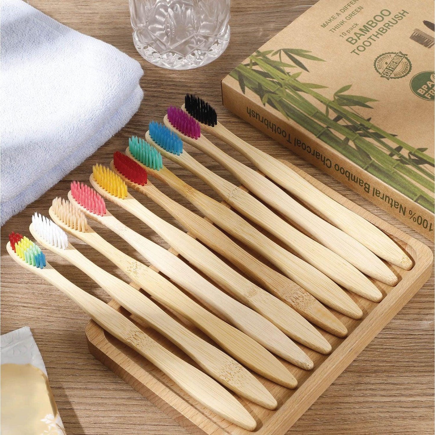 Bamboo Toothbrush Bristles - Goaycer Bamboo Toothbrushes Medium Bristles - Family 10 Pack Eco Friendly Biodegradable Organic Premium Wooden Toothbrush