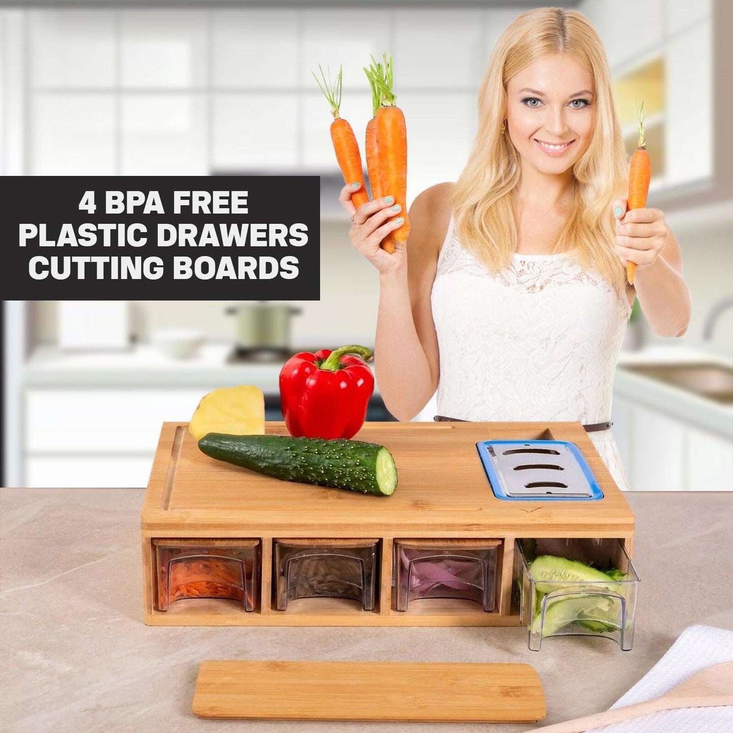 Wooden Chopping Board - Large Bamboo Wood Chopping Board With 4 BPA Free Plastic Drawers Cutting Boards