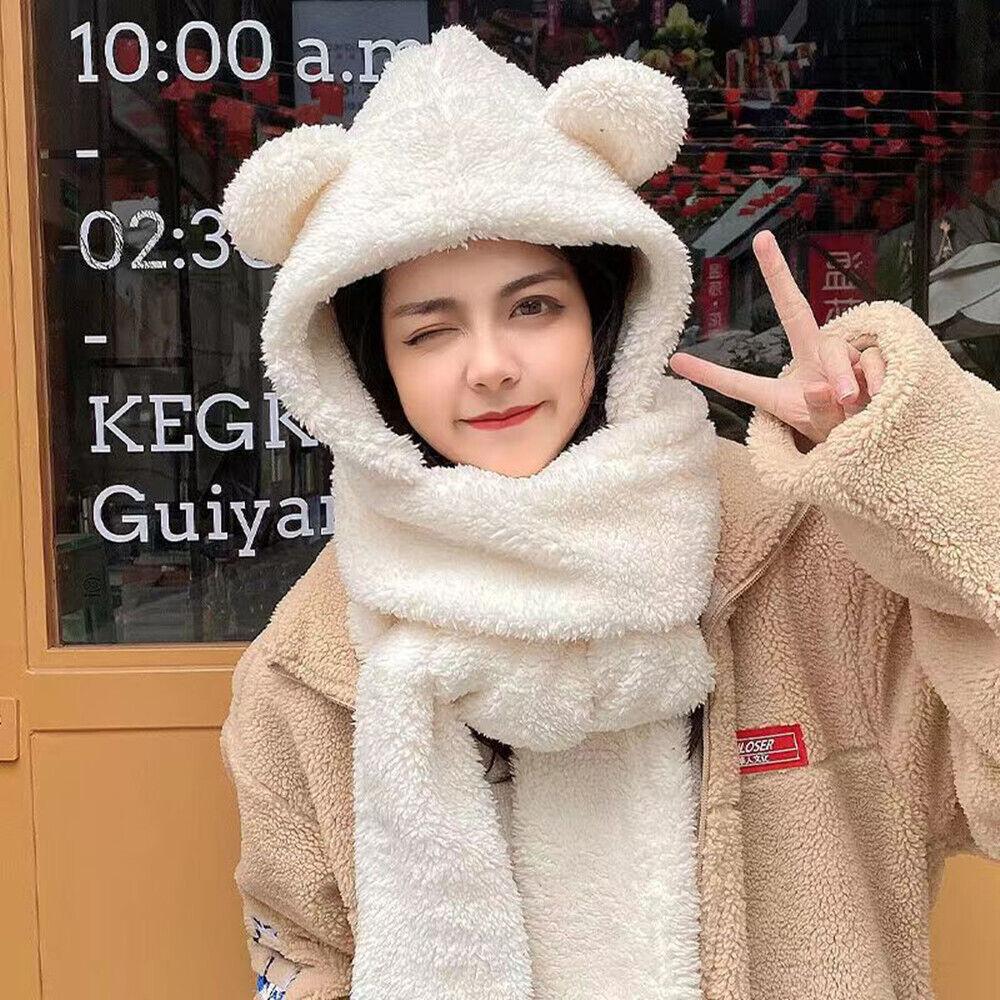 Womens Hat Scarf and Gloves Set - Cute 3 In 1 Set Bear Ear Fleece Winter Warm Hooded Girl Earflap